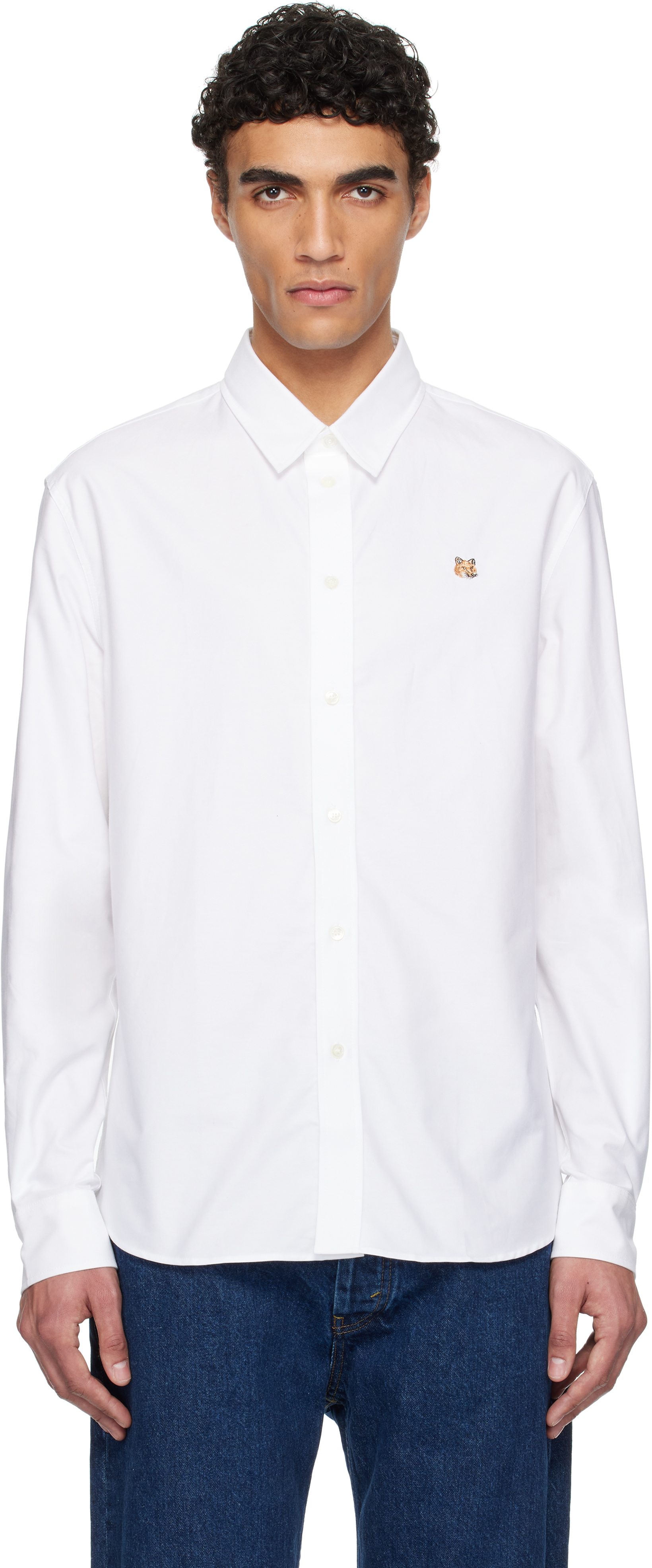 White Fox Head Embroidery Casual Shirt by Maison Kitsuné on Sale