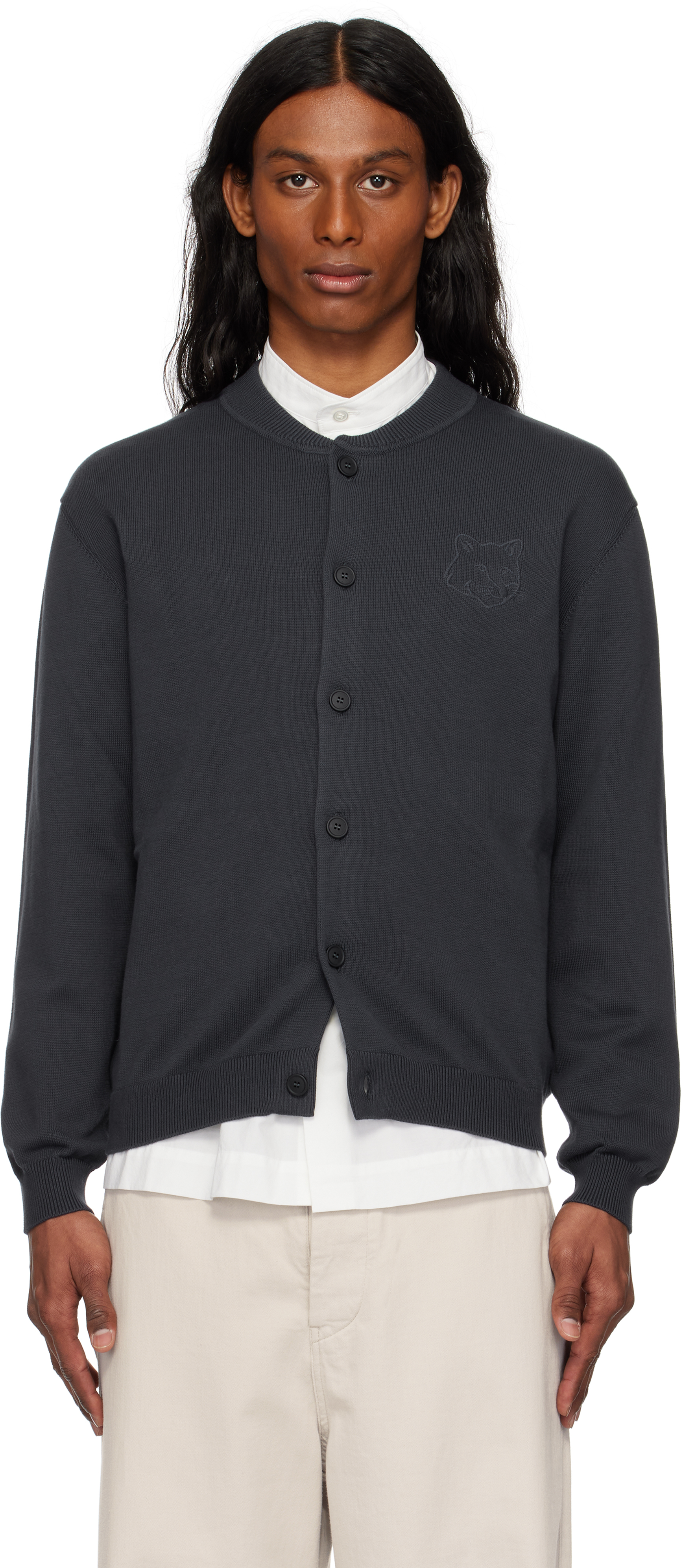 Maison Kitsuné Gray Bold Fox Head Embroidered Knitted Cardigan