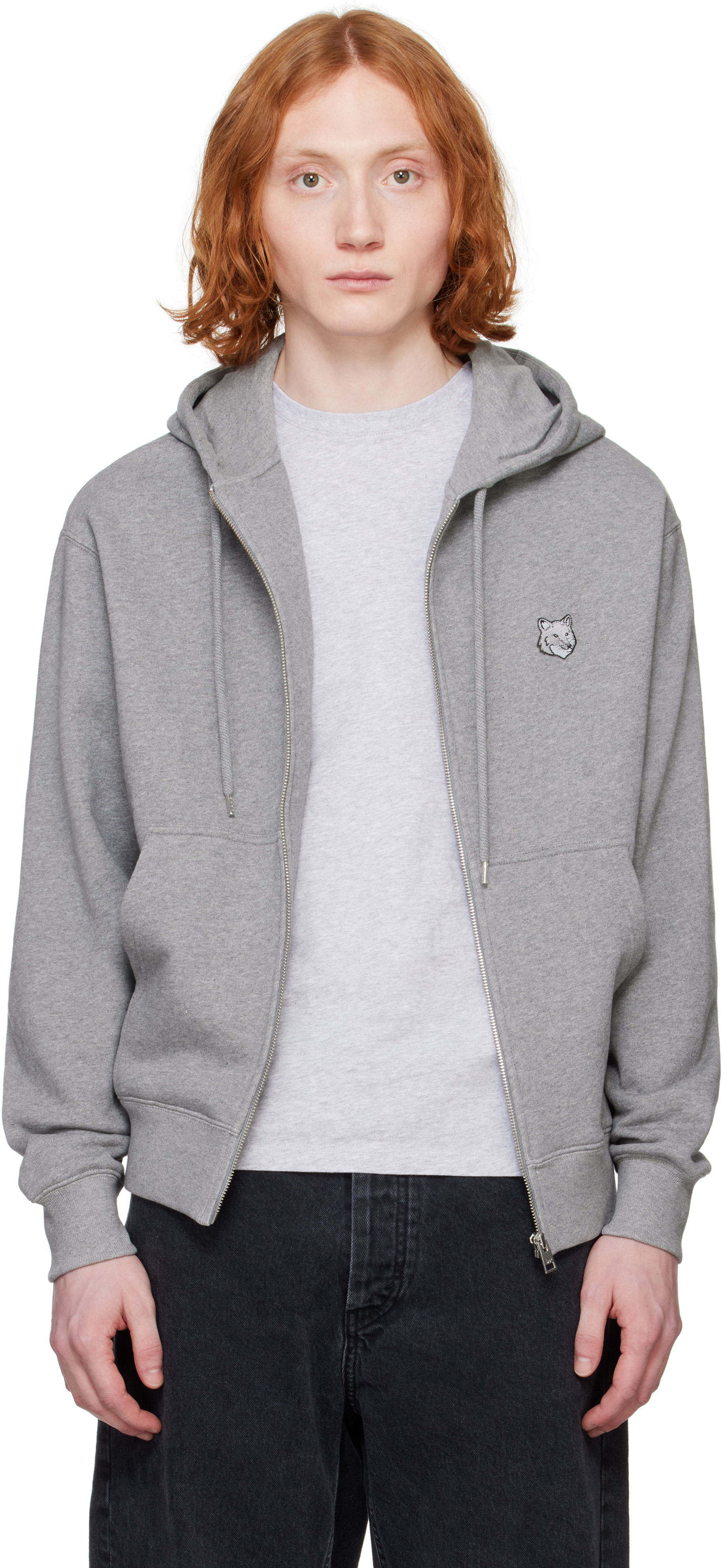 kokunon❣️ Gray Bold Fox Head Comfort Zipped Hoodie by Maison Kitsuné