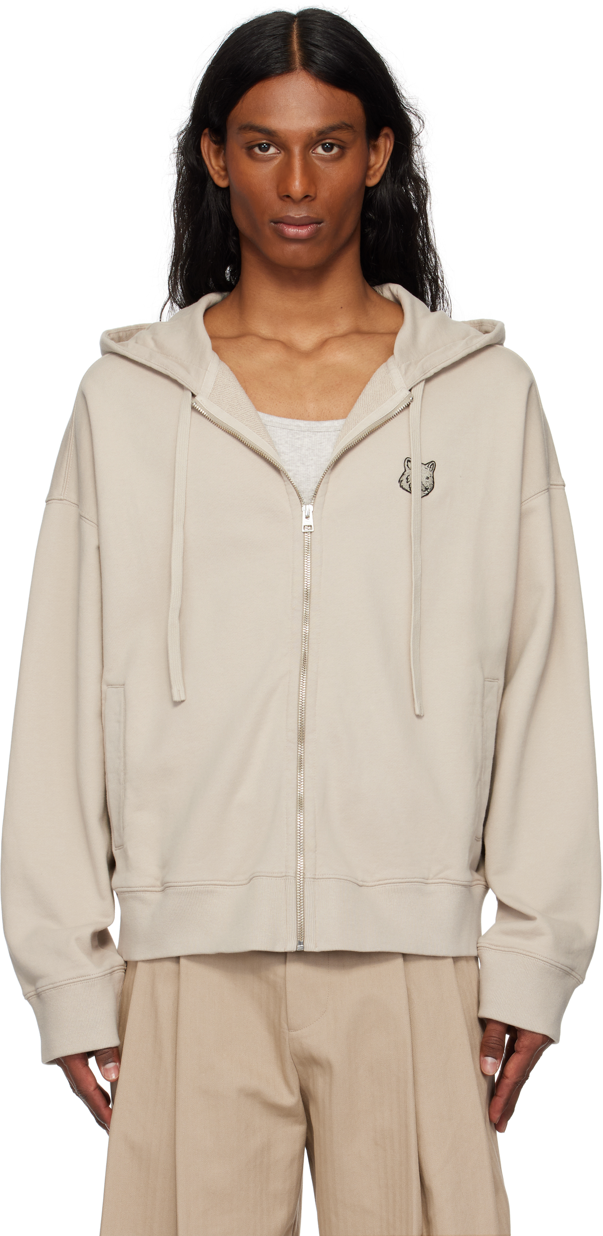 Maison Kitsuné Taupe Bold Fox Head Patch Fullzip Oversize Hoodie