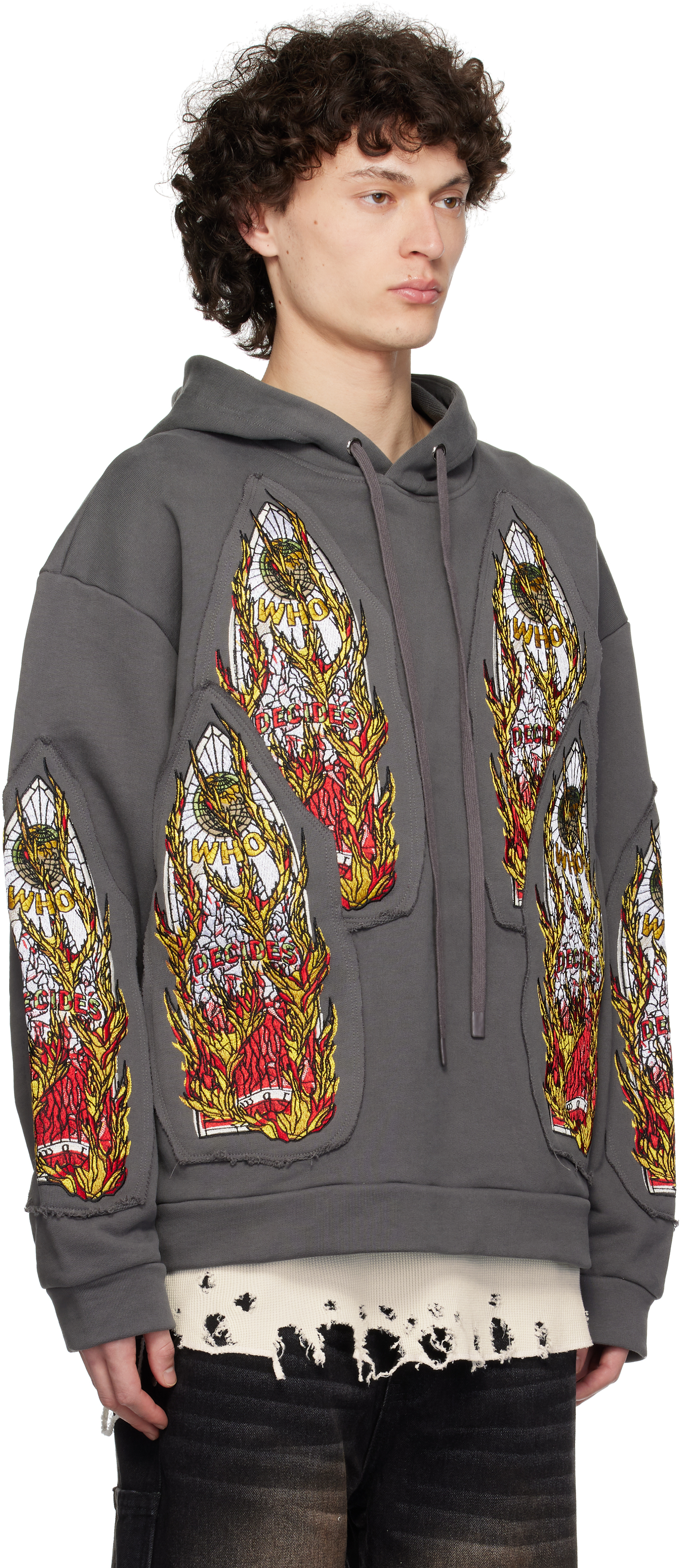 Who Decides War Gray Flame Glass Embroidered Hoodie In Vintage Grey