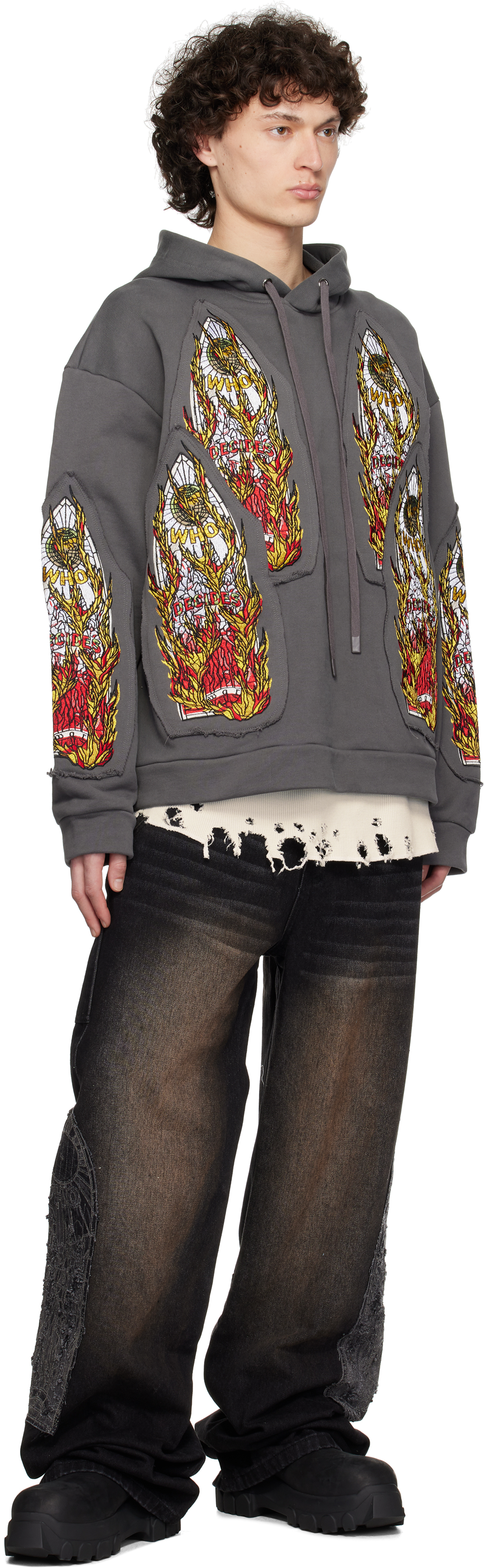 Who Decides War Gray Flame Glass Embroidered Hoodie In Vintage Grey