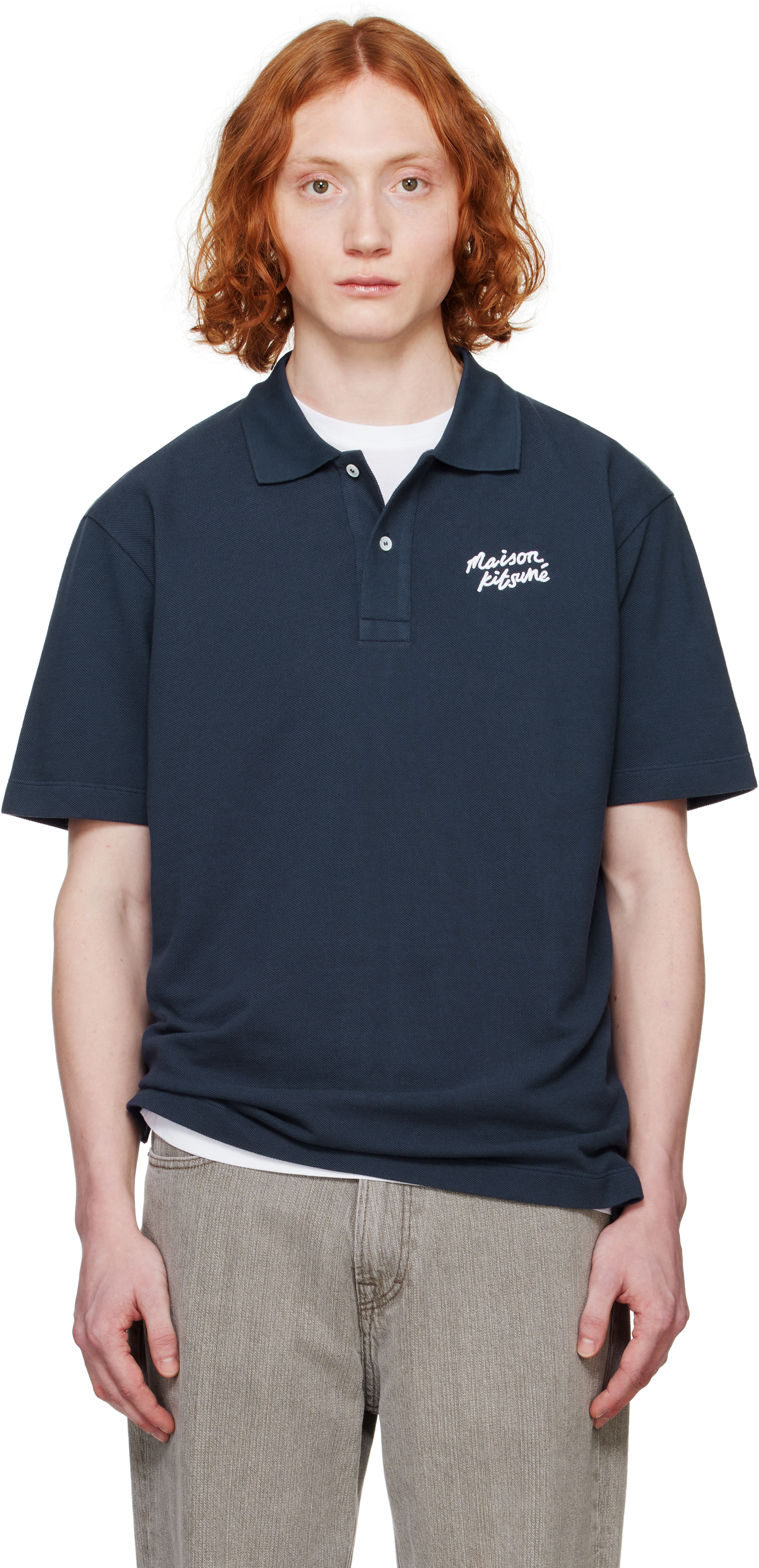 Maison Kitsuné Navy 'Maison Kitsuné' Handwriting Comfort Polo