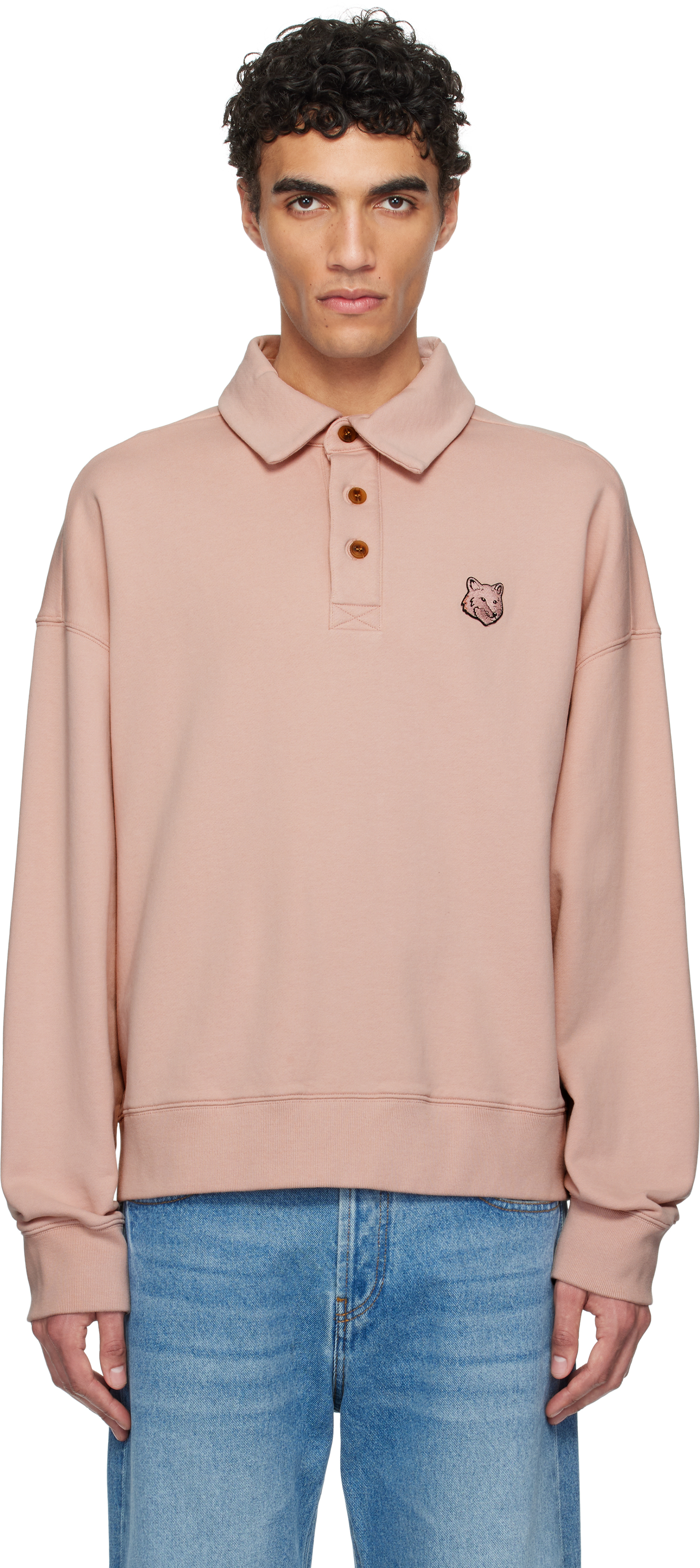 MAISON KITSUNE| (BOLD FOX HEAD FLEECE OVERSIZE POLO SWE Pink Bold Fox Head Fleece Oversize Polo by Maison Kitsuné on