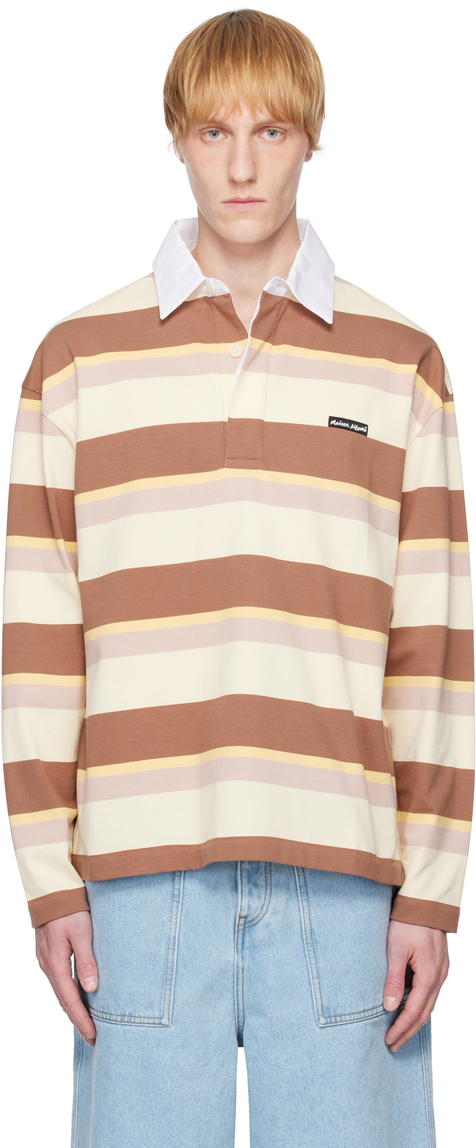 Tシャツ・カットソー MAISON KITSUNE STRIPED LS OVERSIZE POLO Beige & Brown Striped LS Oversize Polo by Maison Kitsuné on Sale
