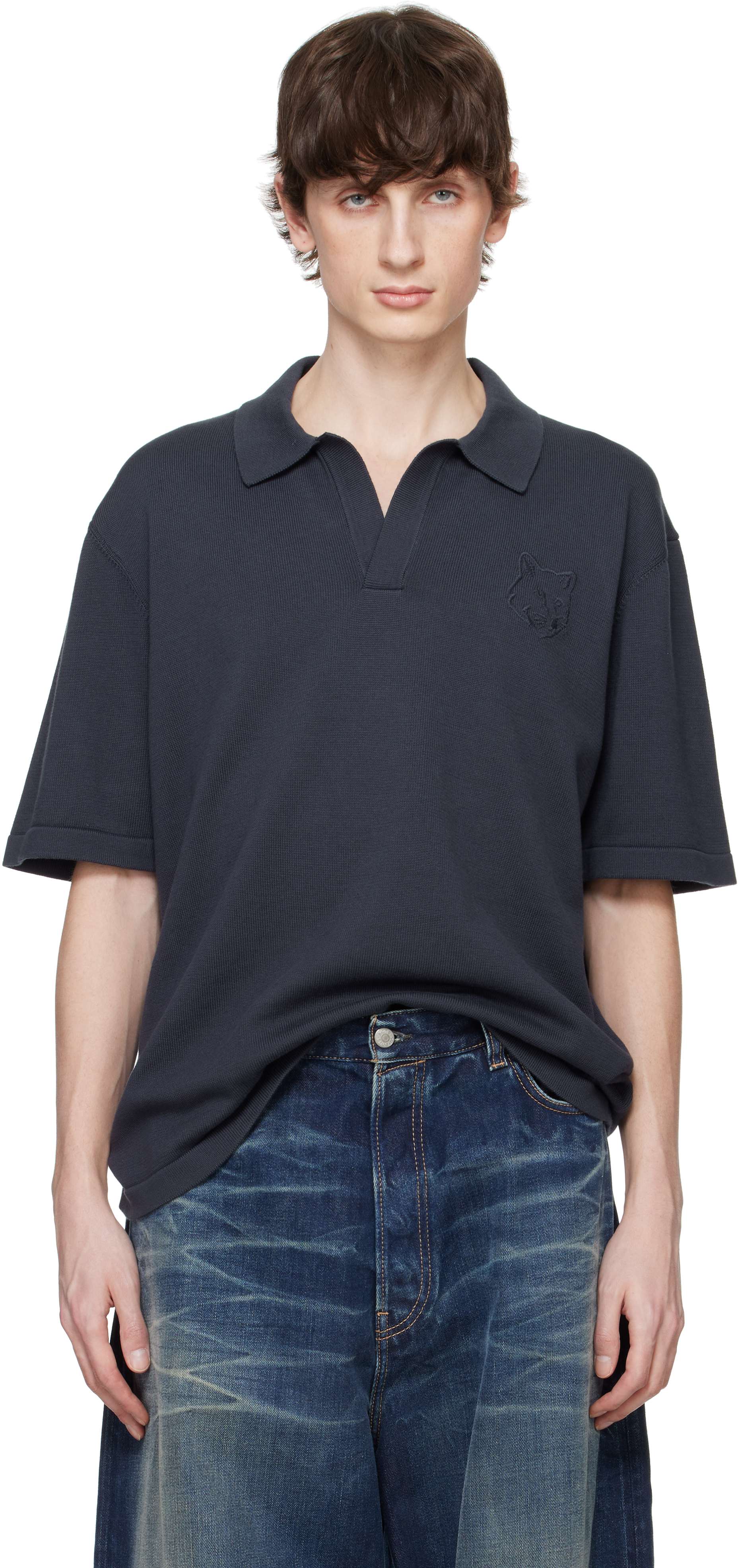 Maison Kitsunéのグレー ボールド フォックスヘッド 刺繍 ニット