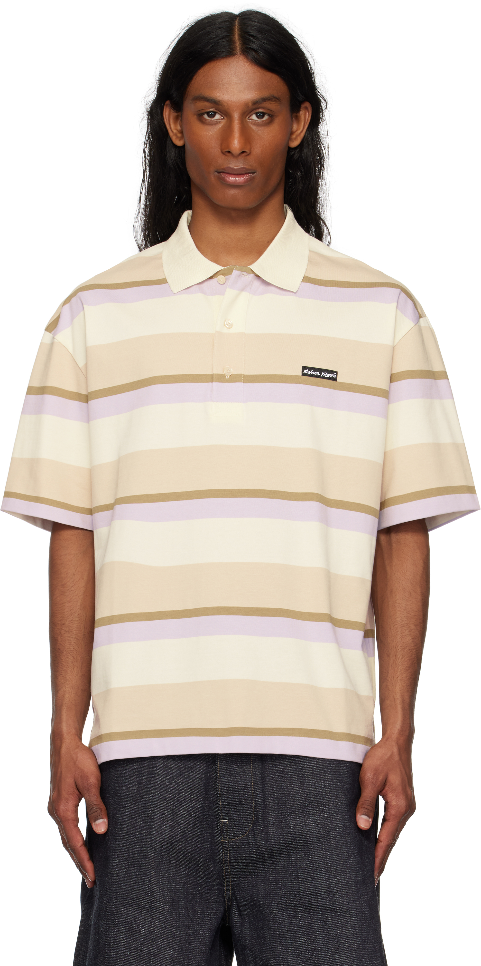 Maison Kitsuné Beige & Off-White Striped SS Oversize Polo