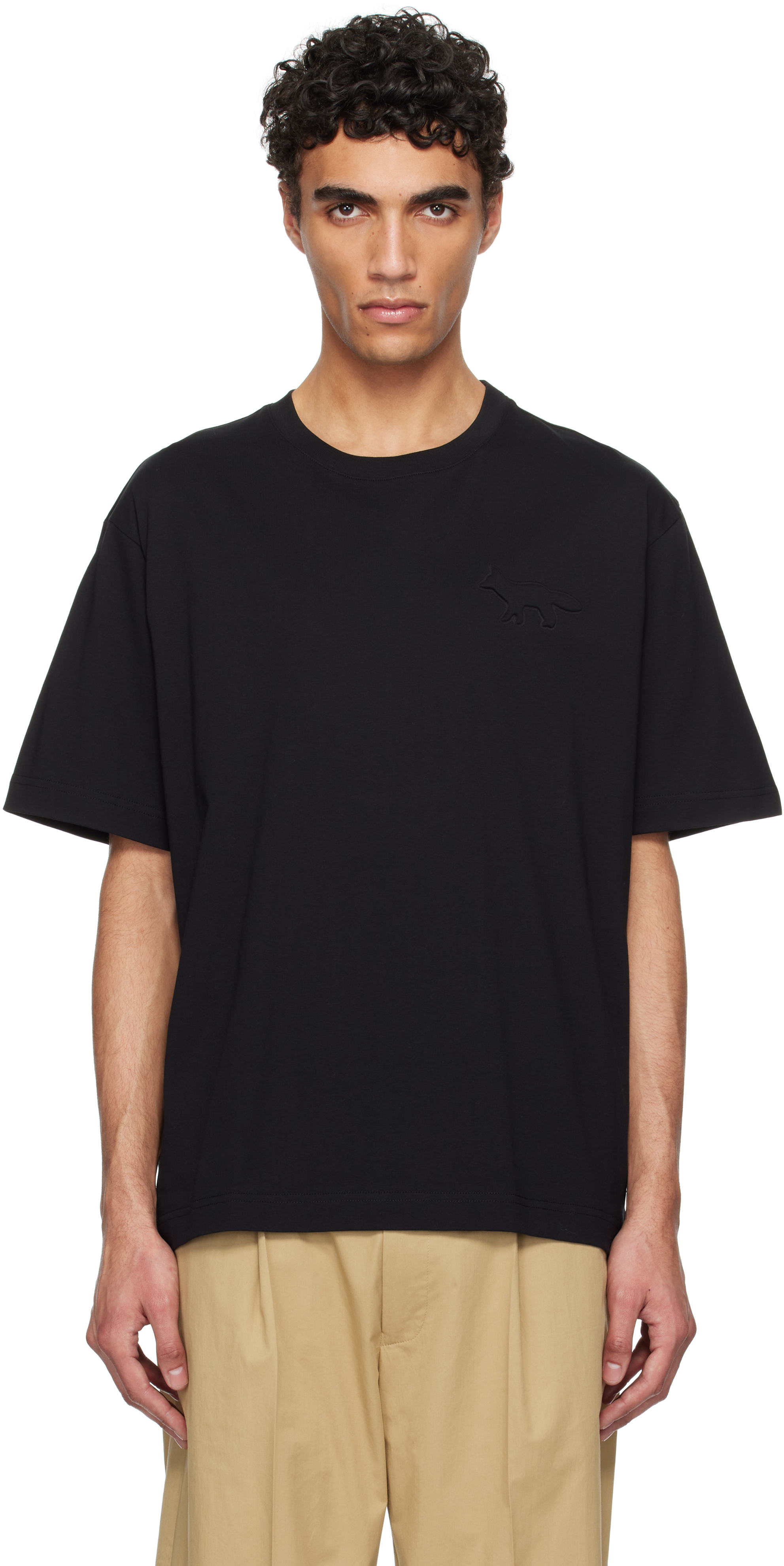 MAISON KITSUNÉ BLACK EMBOSSED PROFILE FOX OVERSIZE T-SHIRT