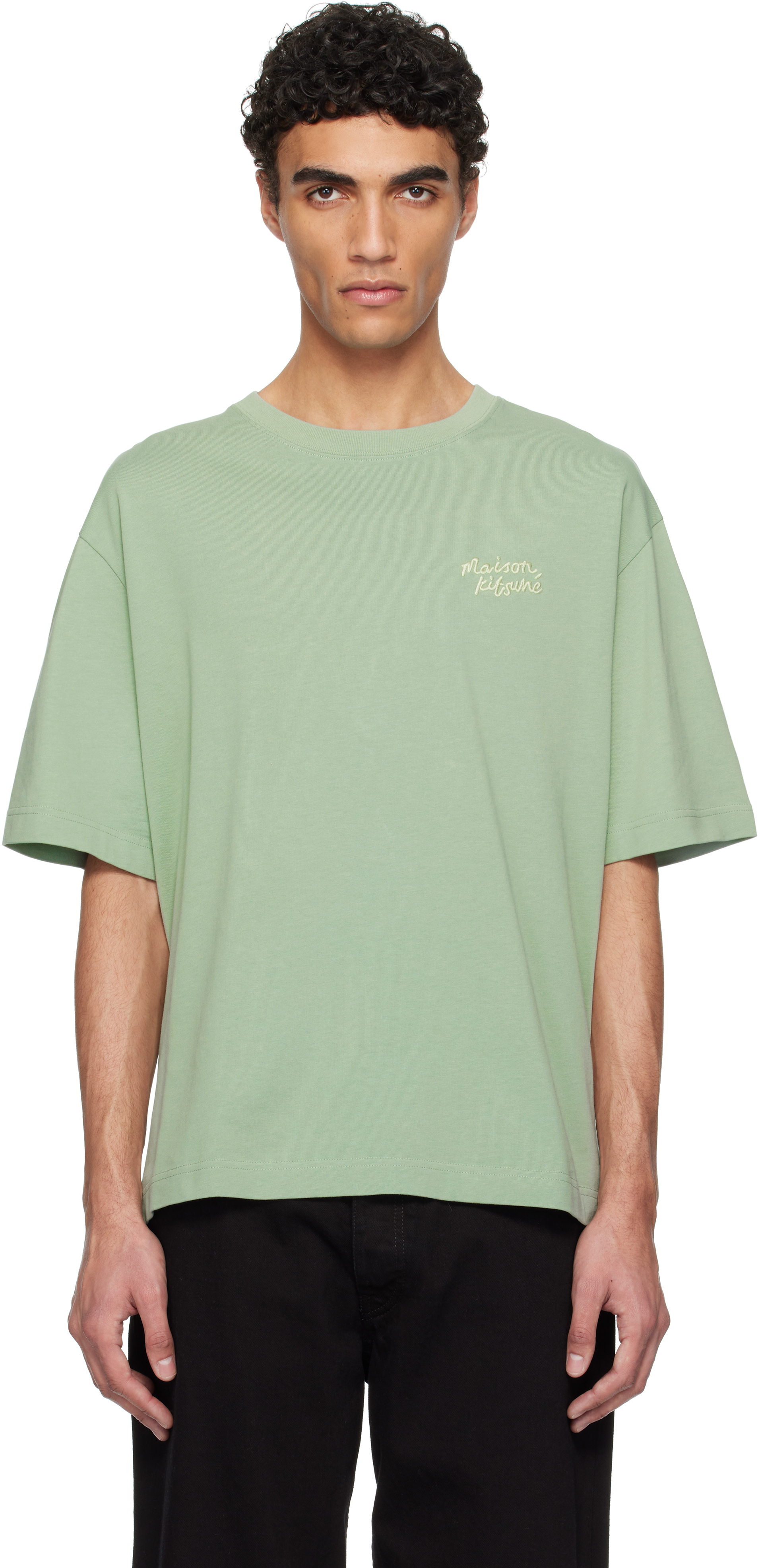 Maison Kitsuné Green 'Maison Kitsuné' Handwriting Embroidery Oversize T-shirt