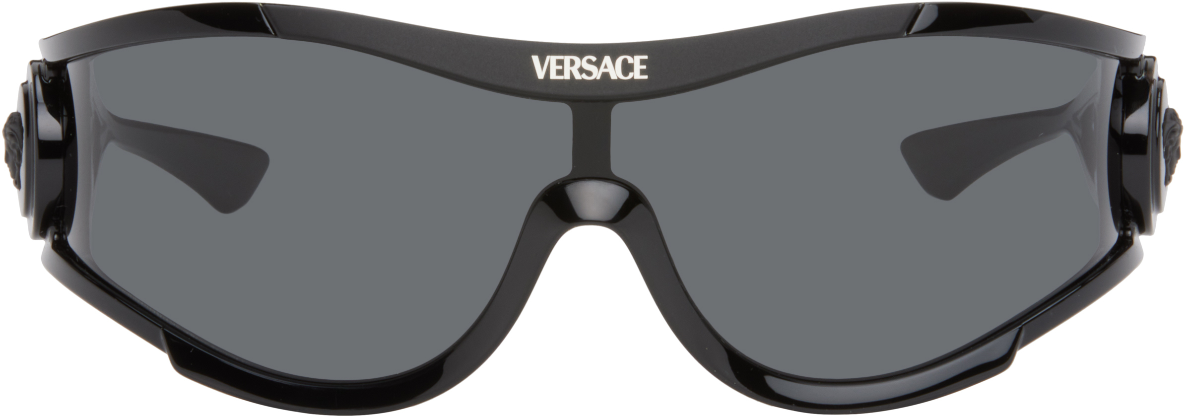 Versaceのブラック メドゥーサ メダリオン シールドサングラスが