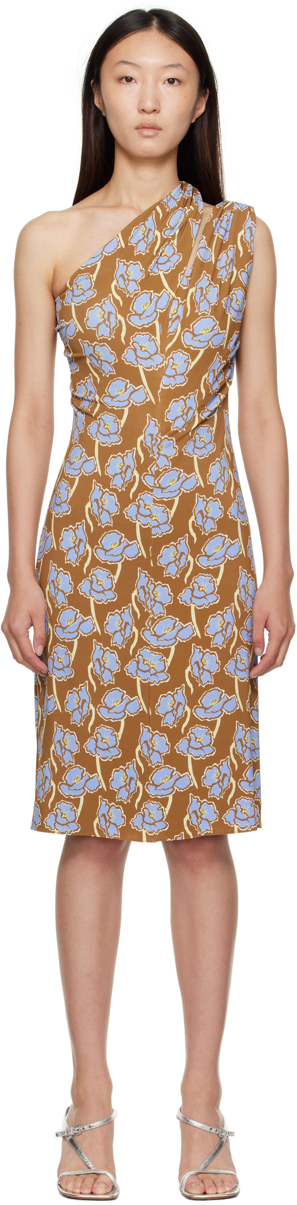 Versace: Multicolor Poppies One-Shoulder Midi Dress | SSENSE