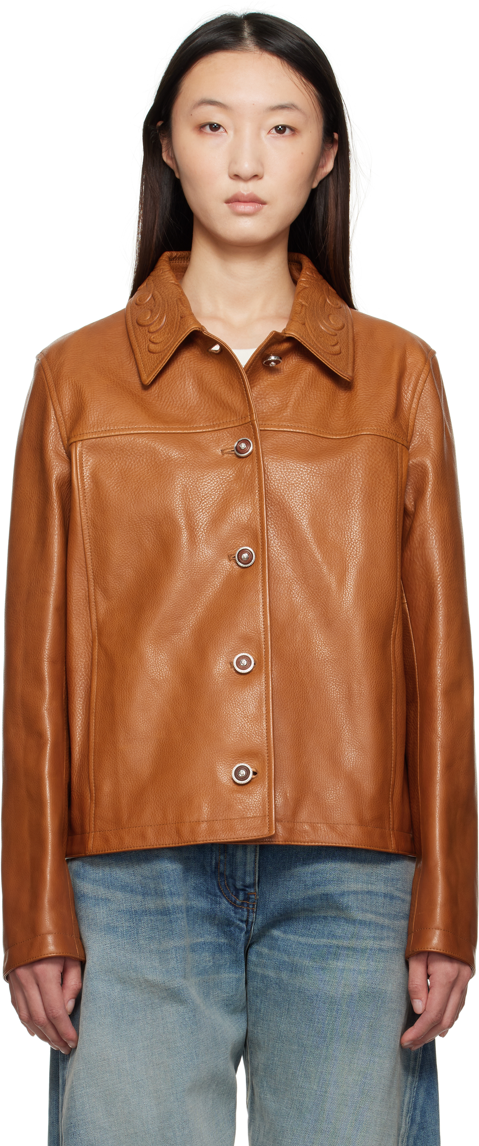 Tan Barocco Boxy Leather Jacket