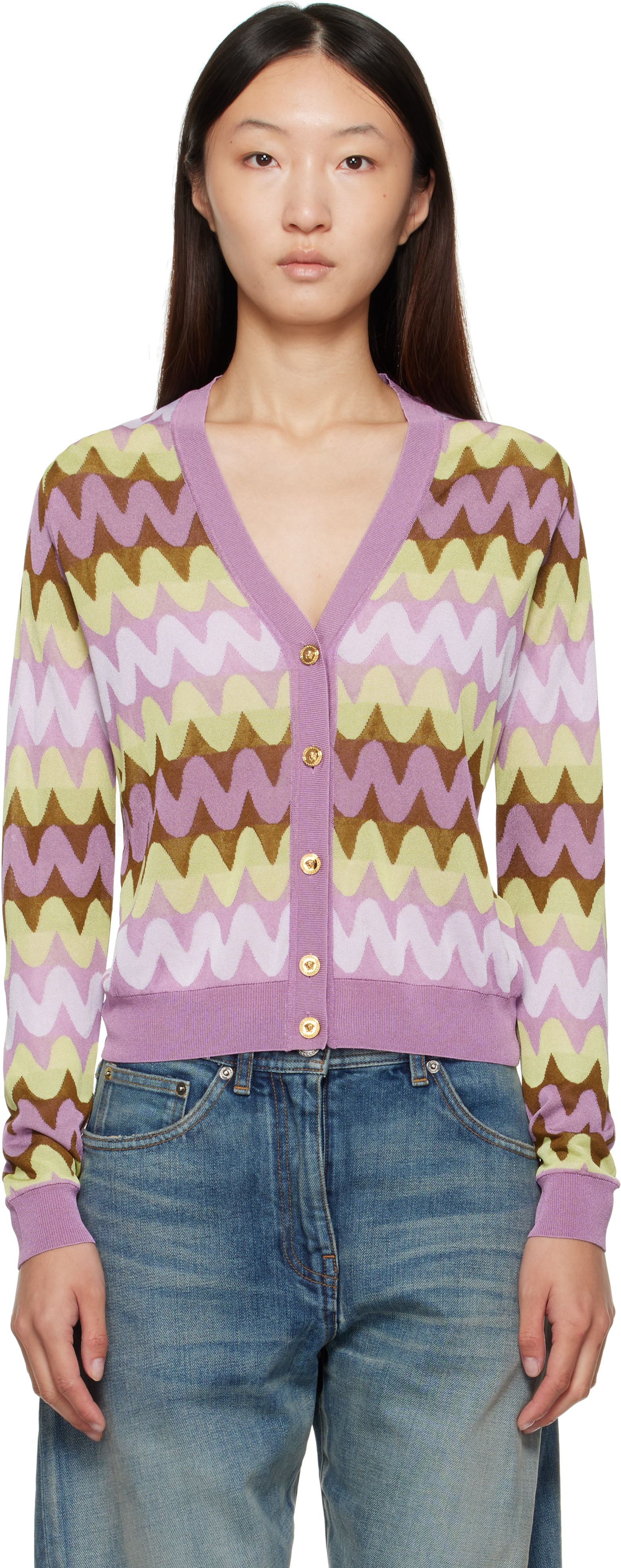 Versace: Multicolor Wave Jacquard Knit Cardigan | SSENSE
