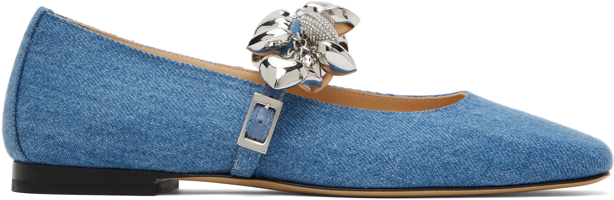 【Mach & Mach】 Puffy心臓デニム Mary Janeフラット Blue Puffy Heart Square Toe Ballerina Flats by MACH & MACH
