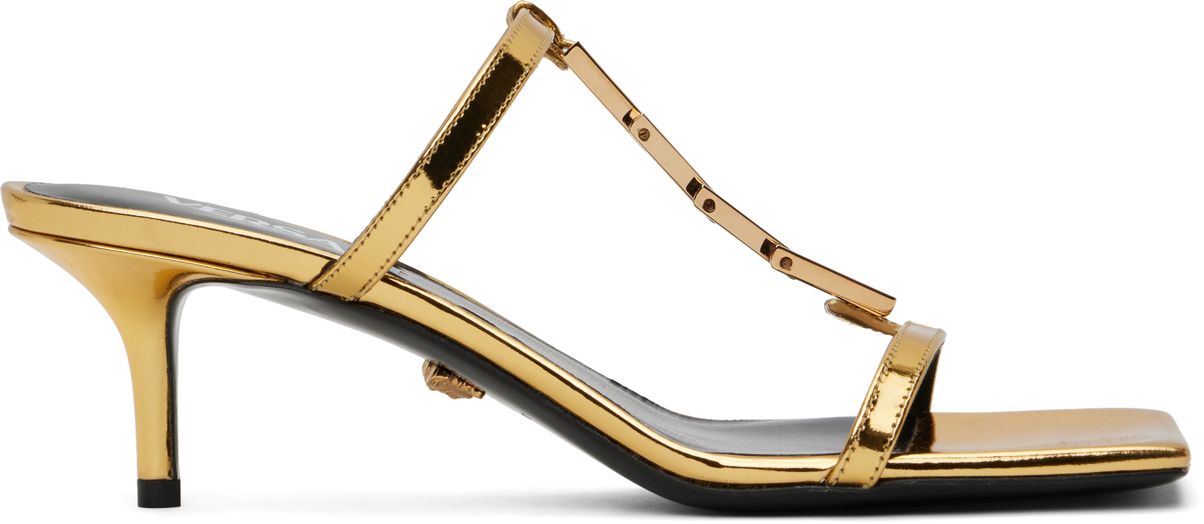 【関税込み】Versace ゴールド パテント ヒールサンダル V2025 チェーン パテント サンダル 105 mm ブラック,ゴールド