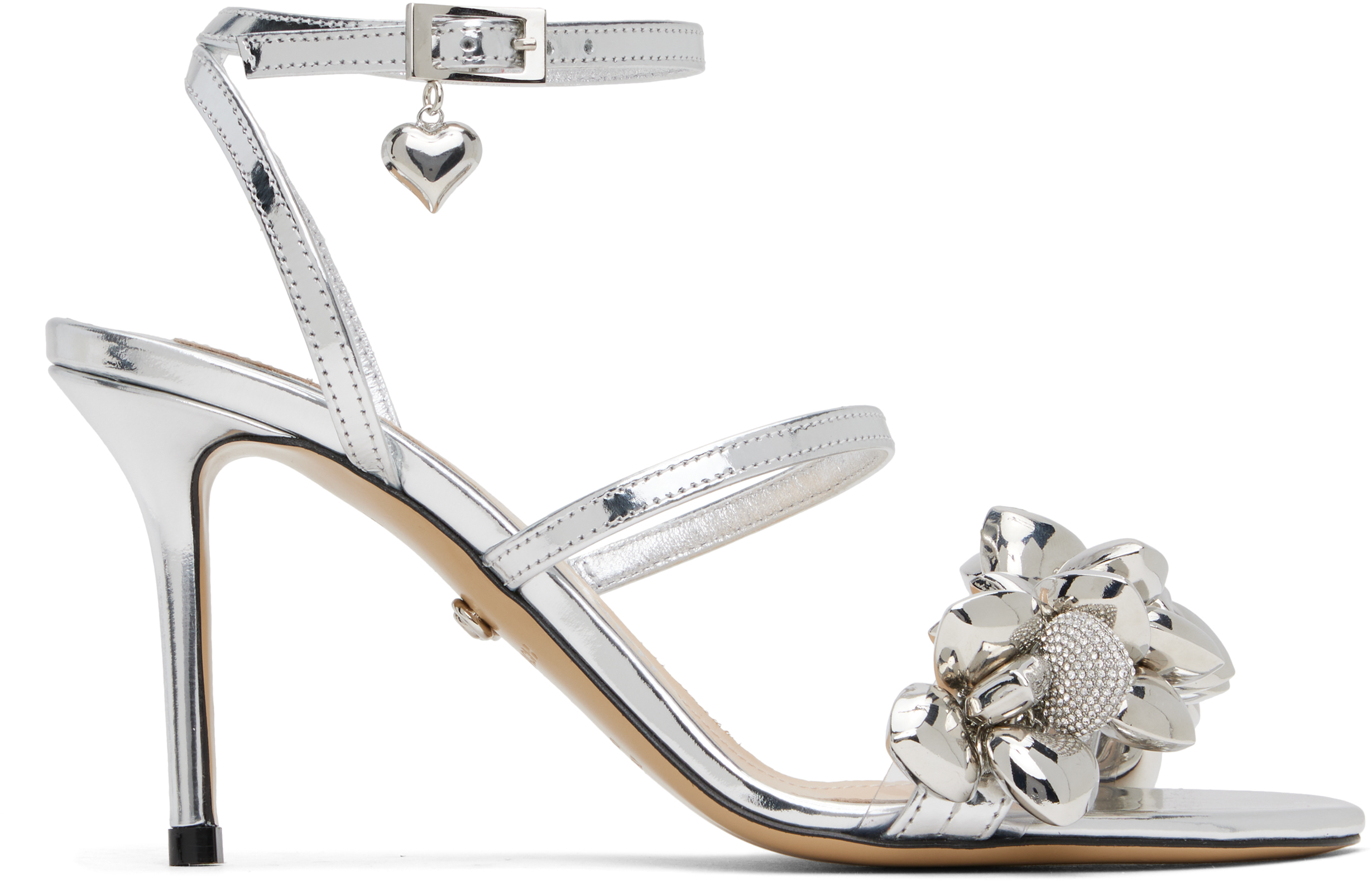 Silver Puffy Heart Mirror Leather Heeled Sandals