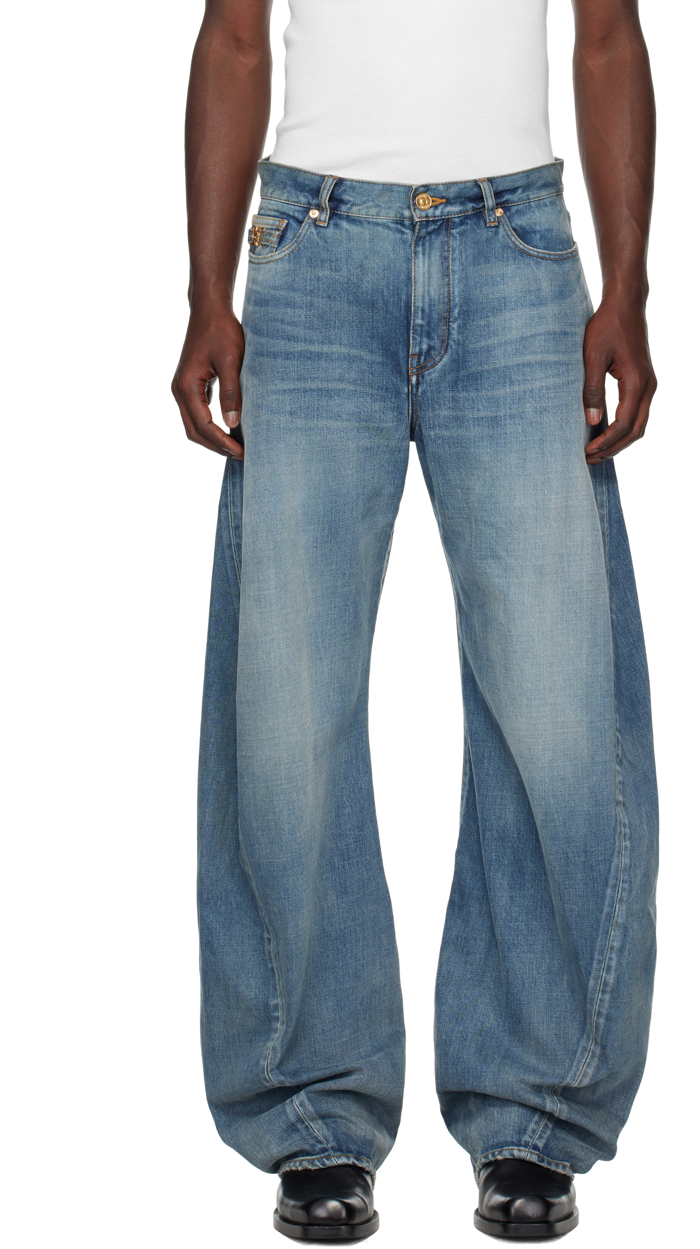 Blue 'Made in Japan' Baggy Twisted Jeans by Versace on Sale