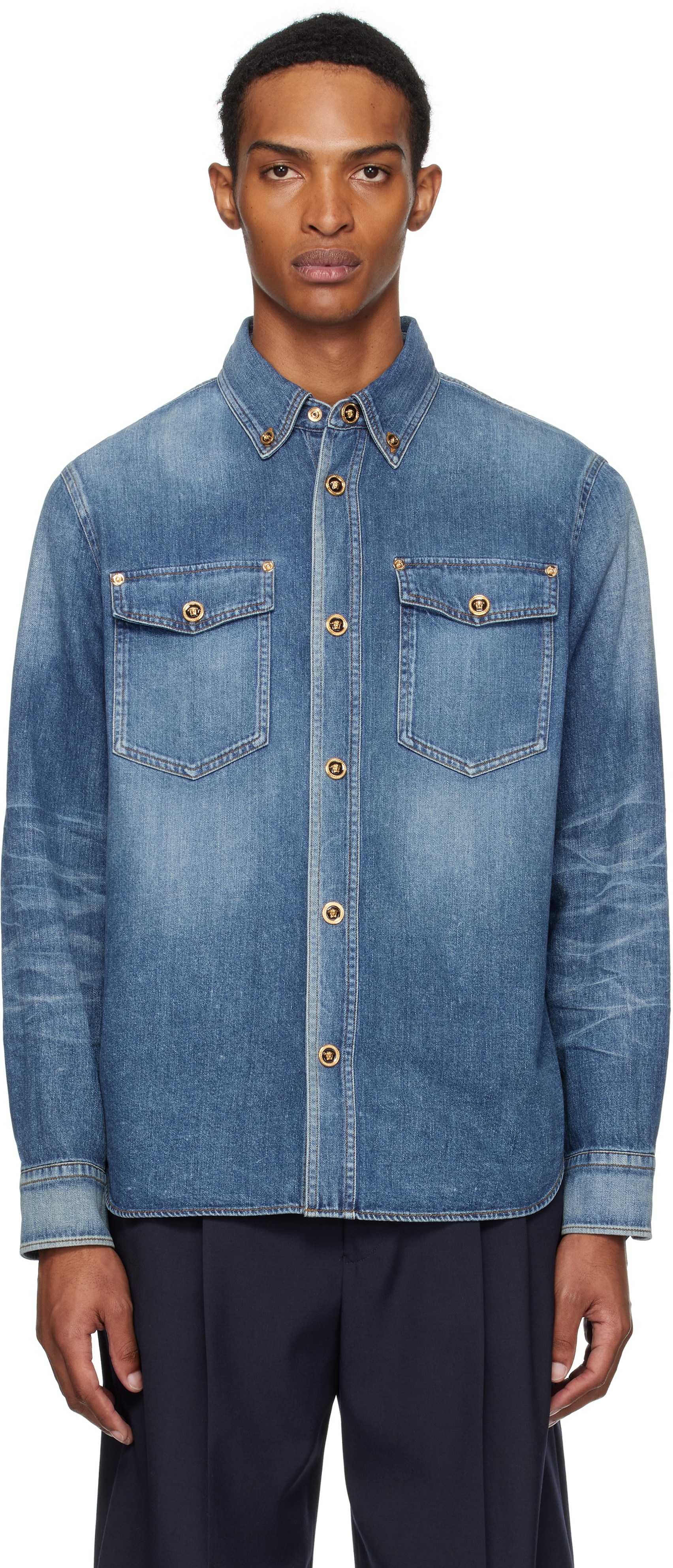 Versace: Blue 'Made In Japan' Denim Shirt | SSENSE