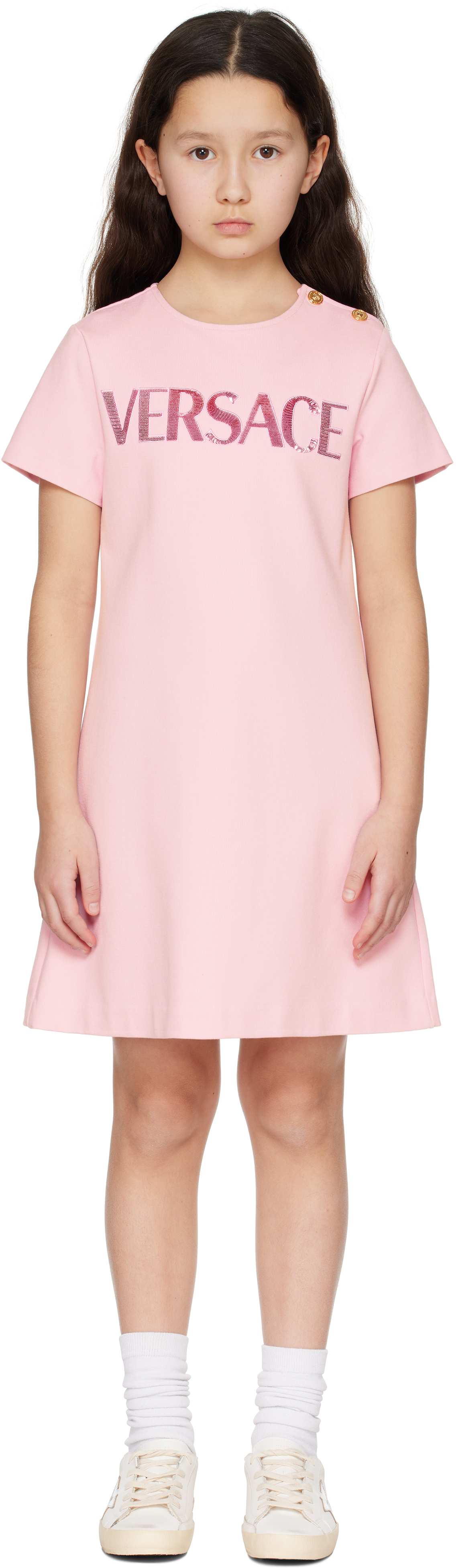 Kids Pink Embellished 'Versace' Logo Dress
