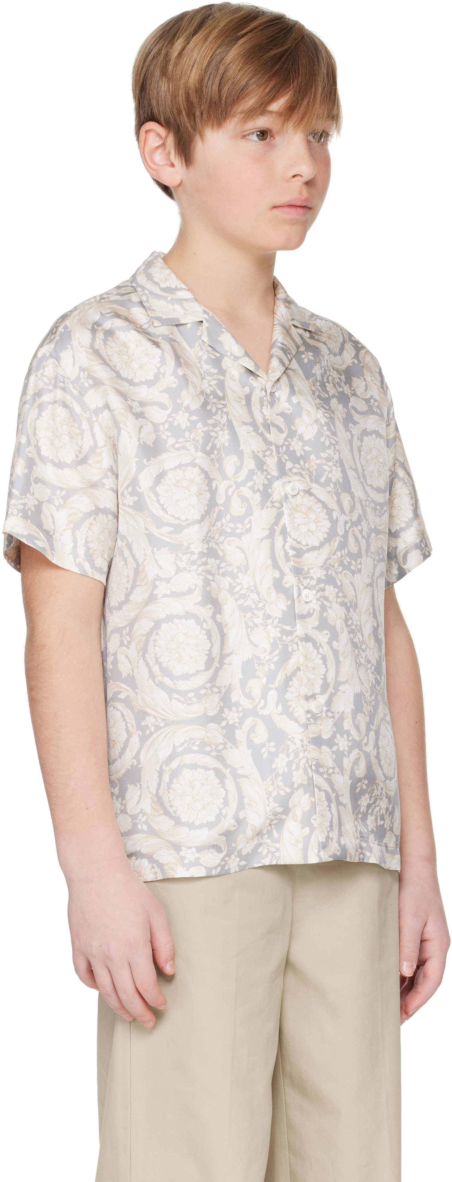 Versace Kids Gray Barocco Silk Shirt In 5e340-concrete+bone