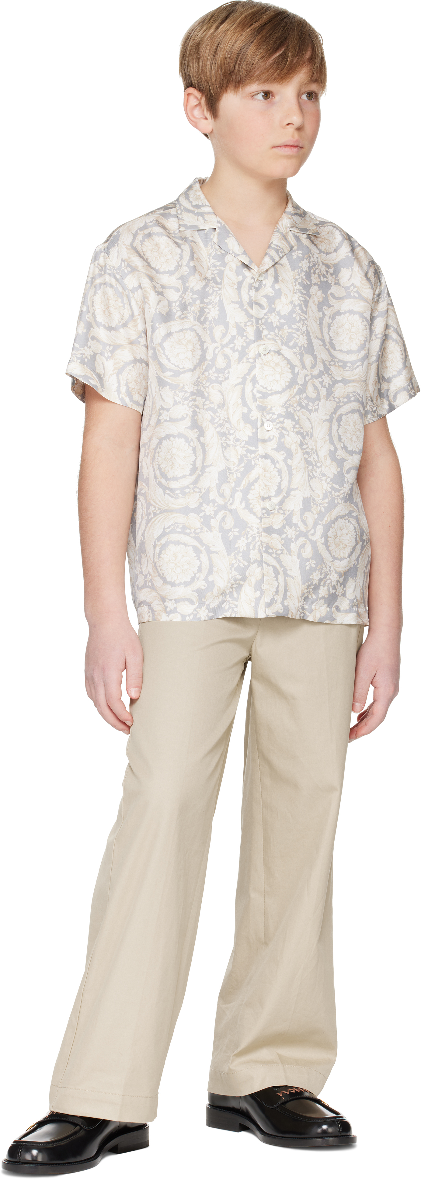 Versace Kids Gray Barocco Silk Shirt In 5e340-concrete+bone