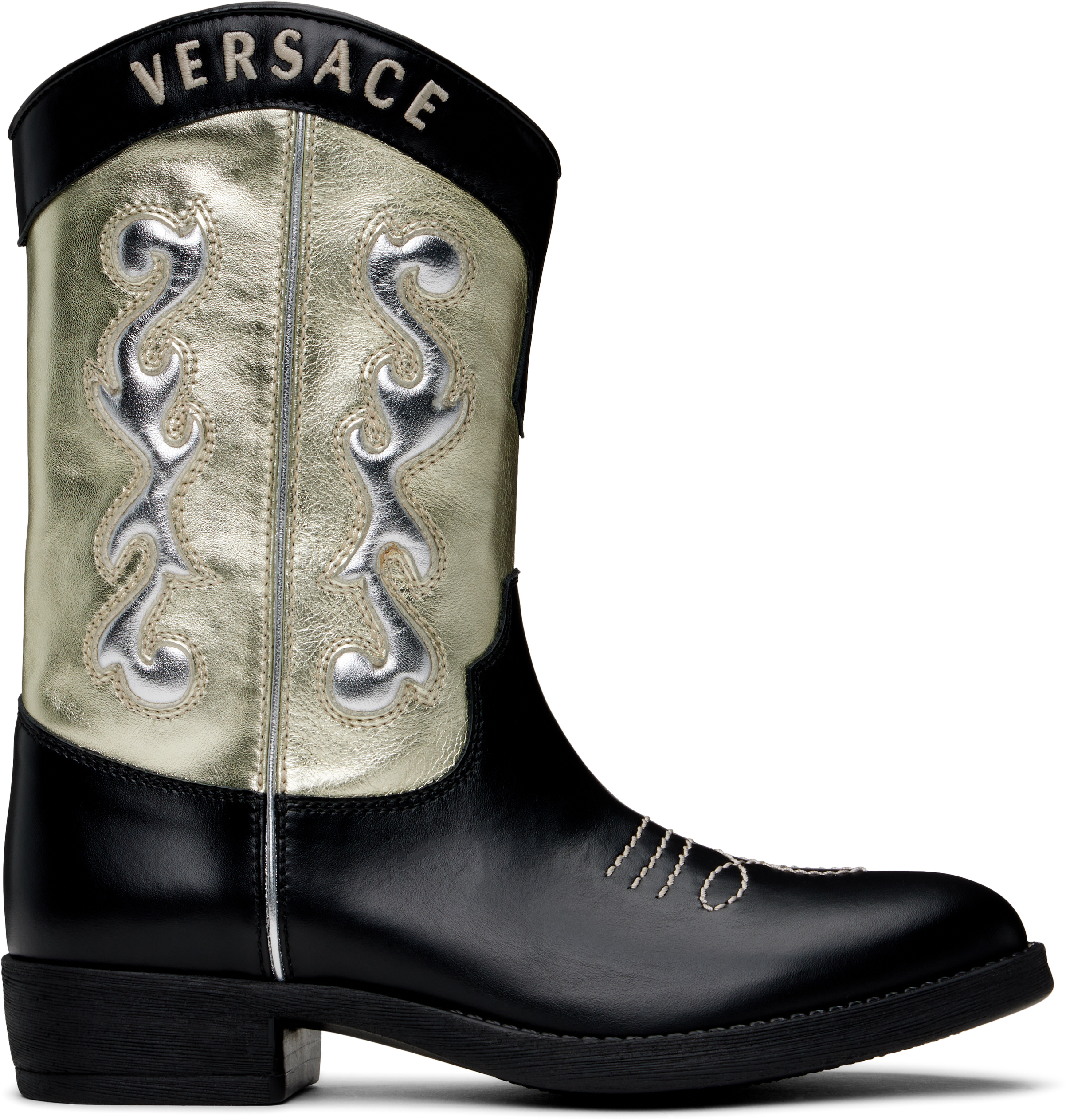 Versace Kids Black & Gold Embroidered Texan Boots In 5ba20-nero+oro+argen