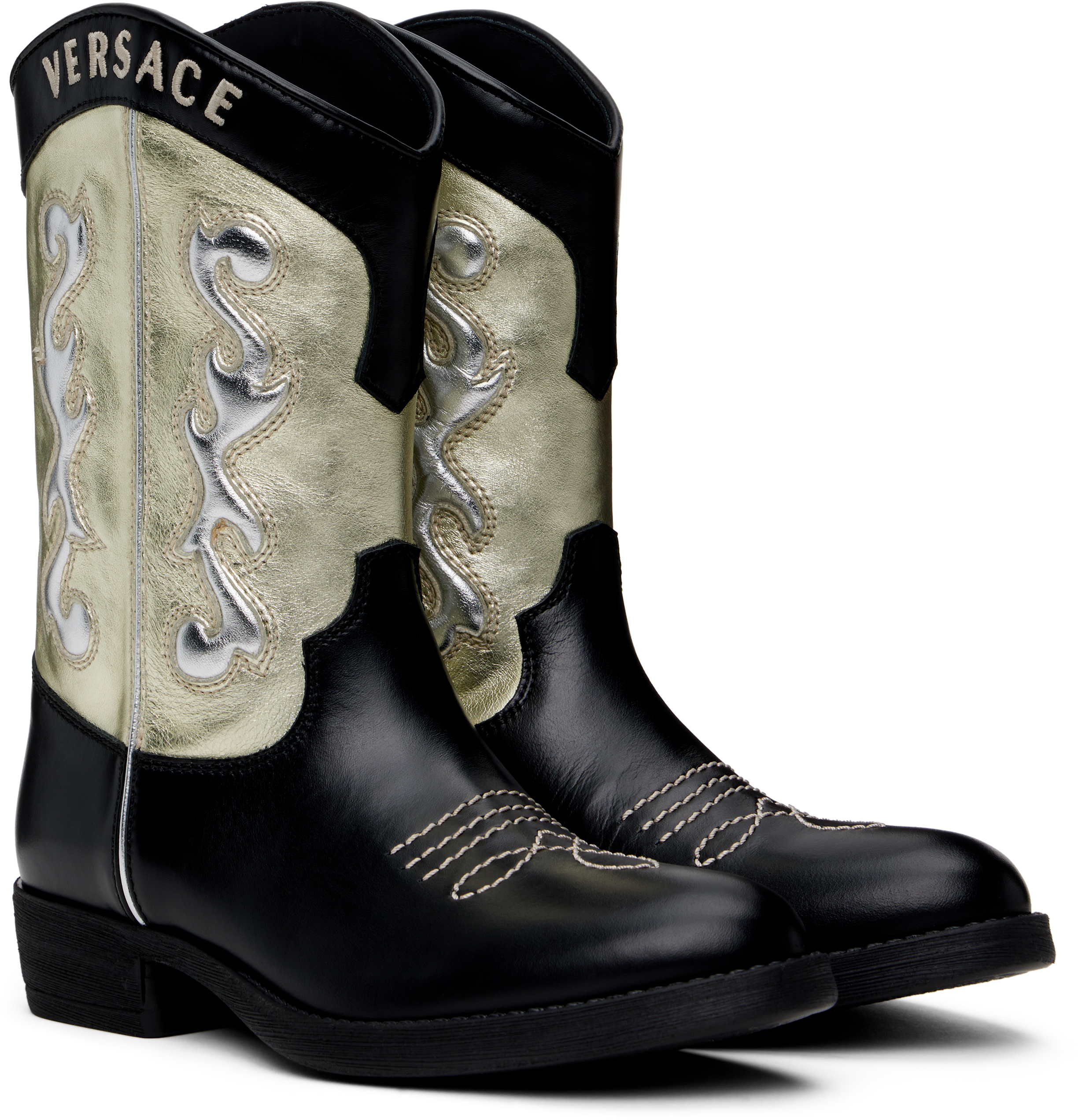 Versace Kids Black & Gold Embroidered Texan Boots In 5ba20-nero+oro+argen
