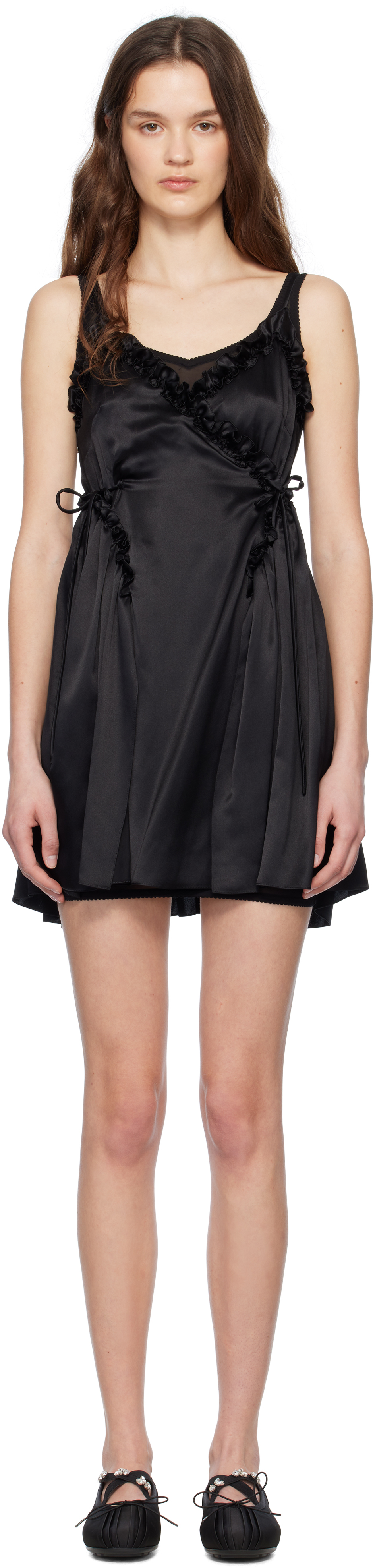 Simone Rocha: ブラック Negligee Ballet Patchwork サテン ミニ Simone Rocha: ブラック Negligee Ballet Patchwork サテン ミニ