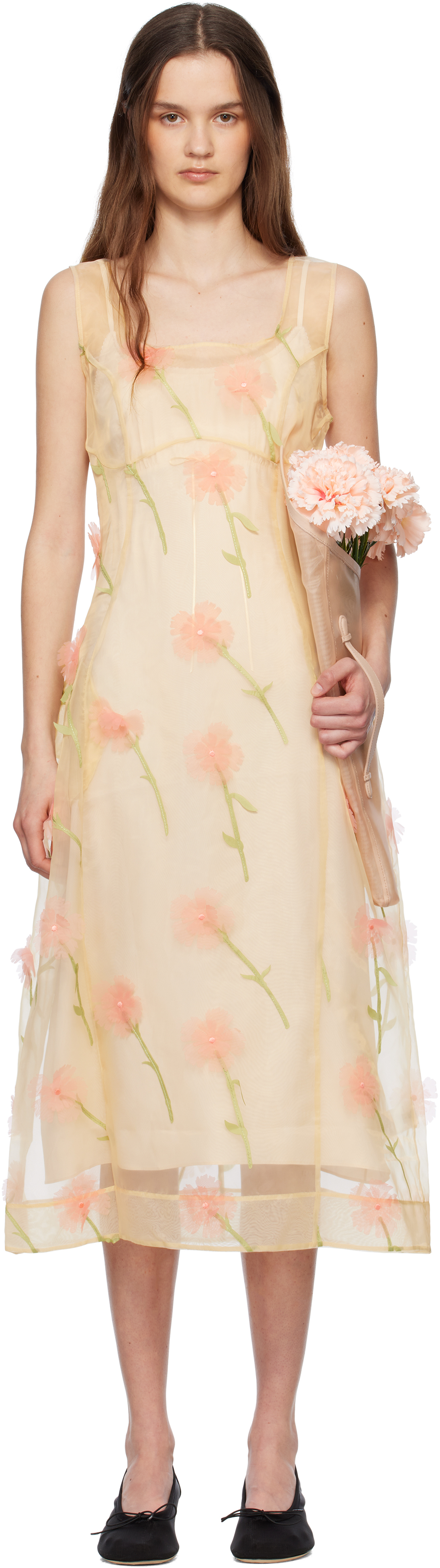 【SIMONE ROCHA】カーネーションオーガンザミディドレス Beige Sculpted Carnation Organza Midi Dress by Simone Rocha
