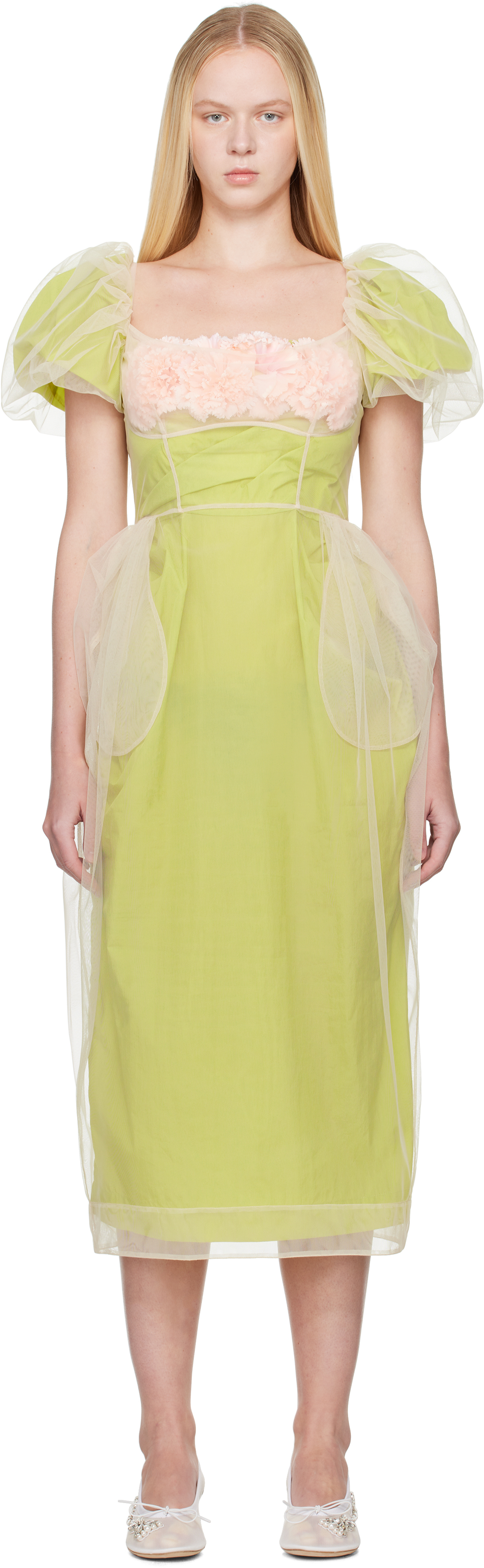 Simone Rocha Beige & Green Layered Carnation Balconette Maxi Dress