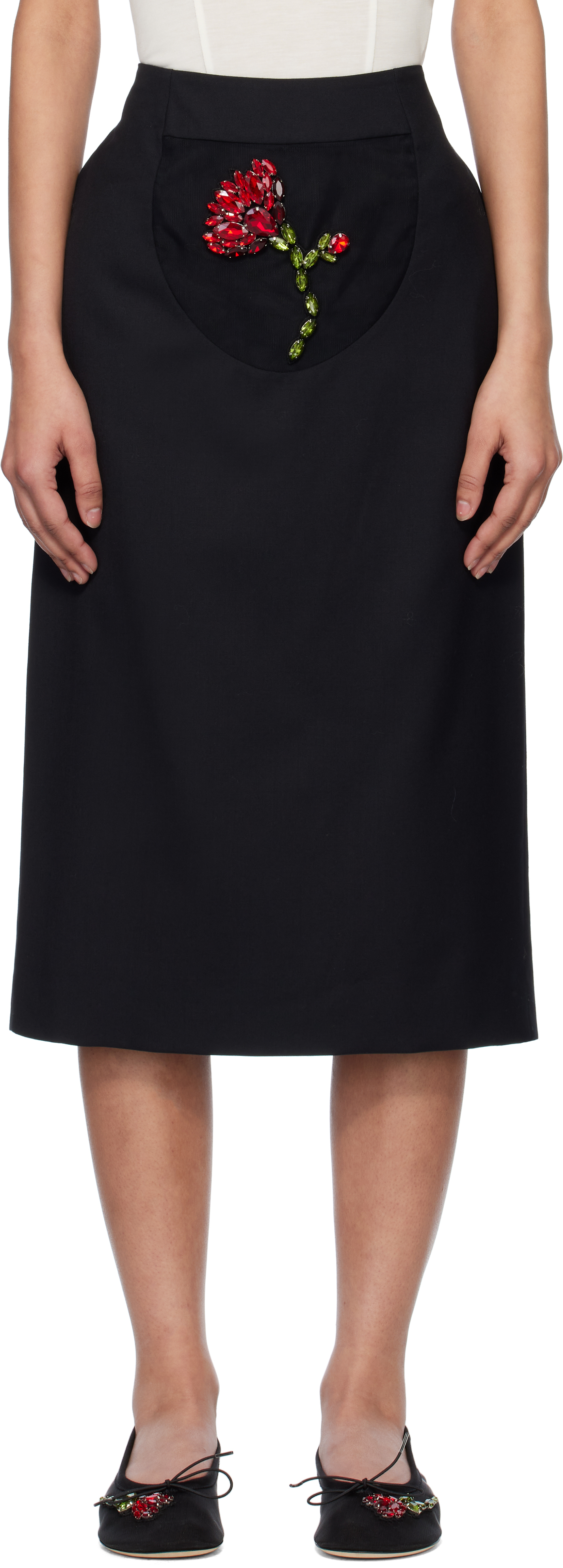 Black Embellished Flower Peek-A-Boo Midi Skirt