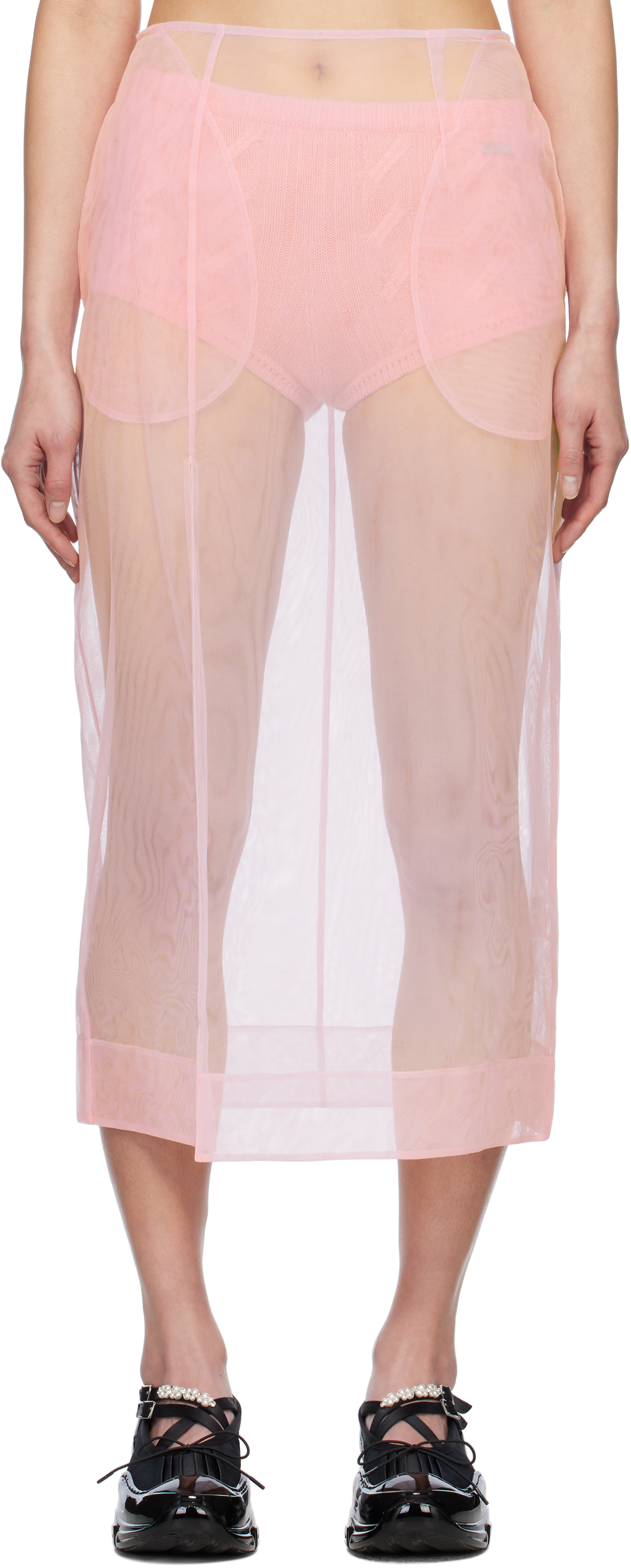 Pink Sheer Slit Pencil Midi Skirt