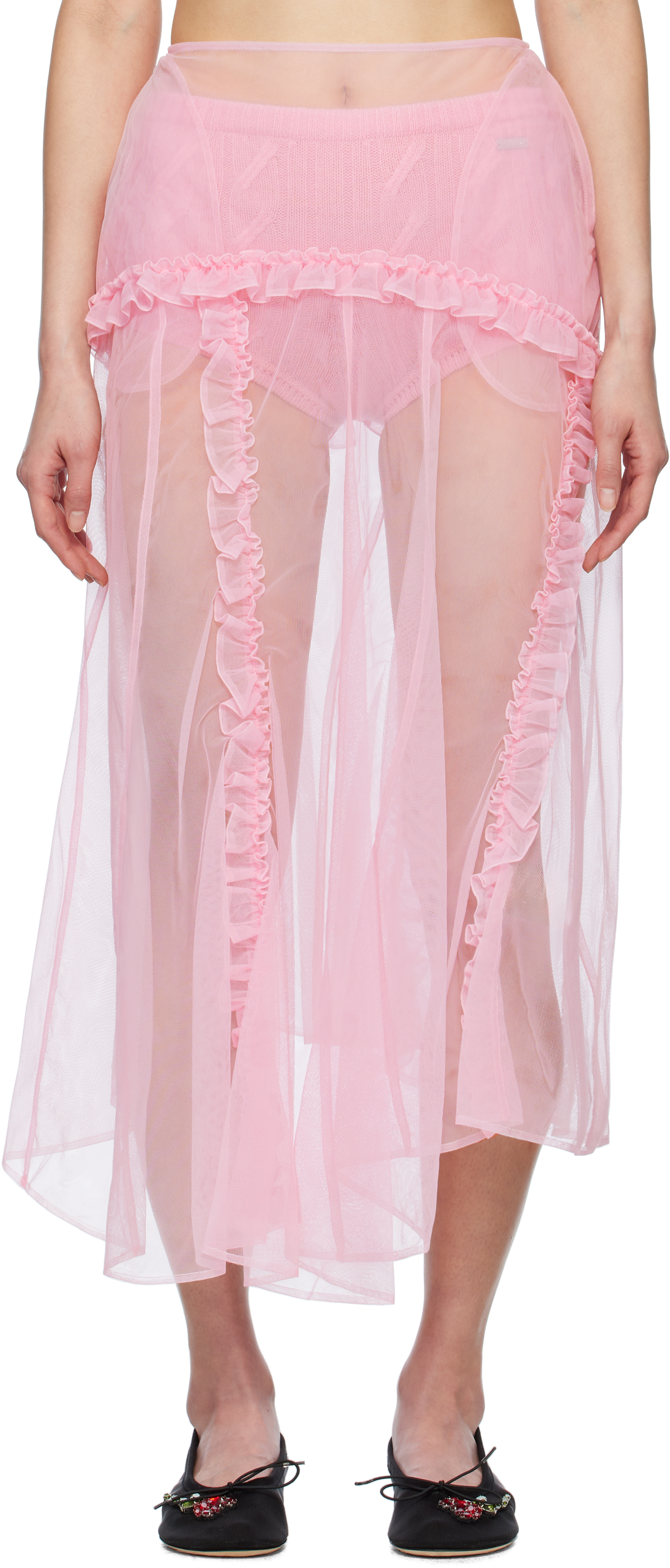 Pink Sheer Ruffle Frill Multi Seam Midi Skirt