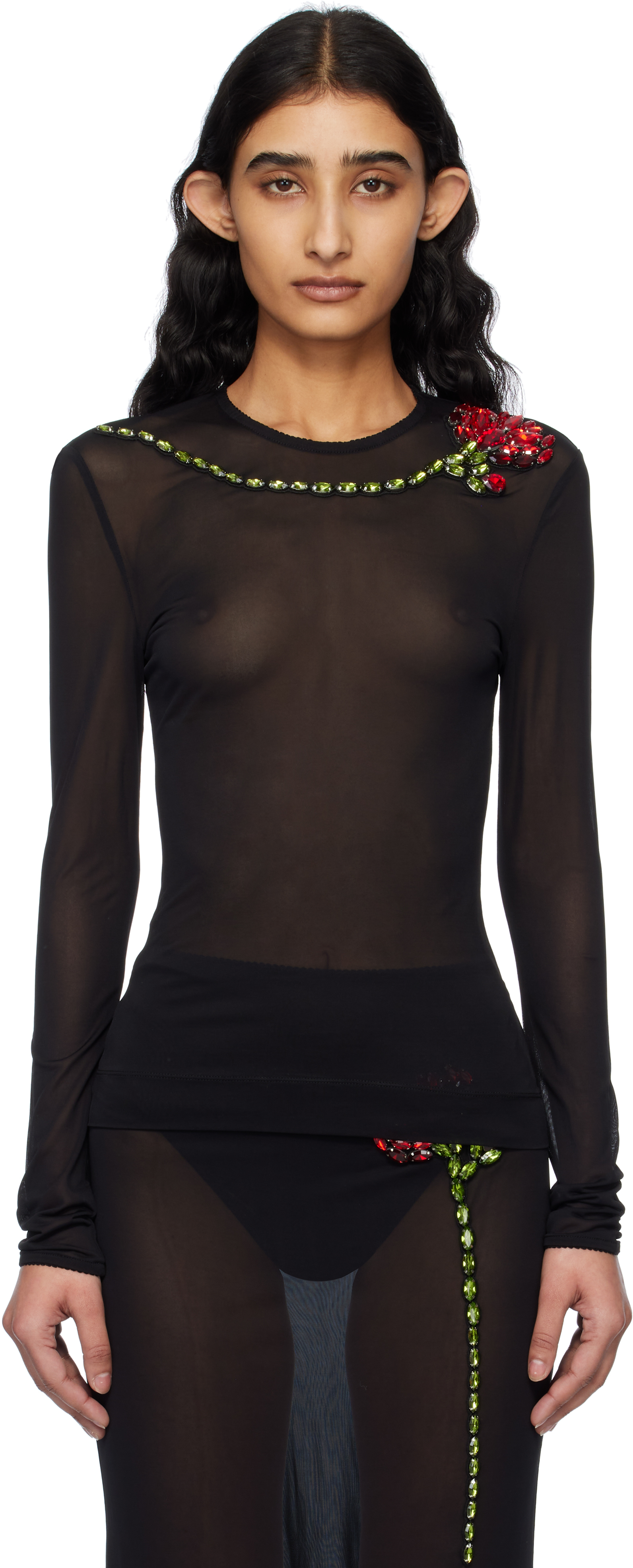 Black Embellished Carnation Mesh T-shirt