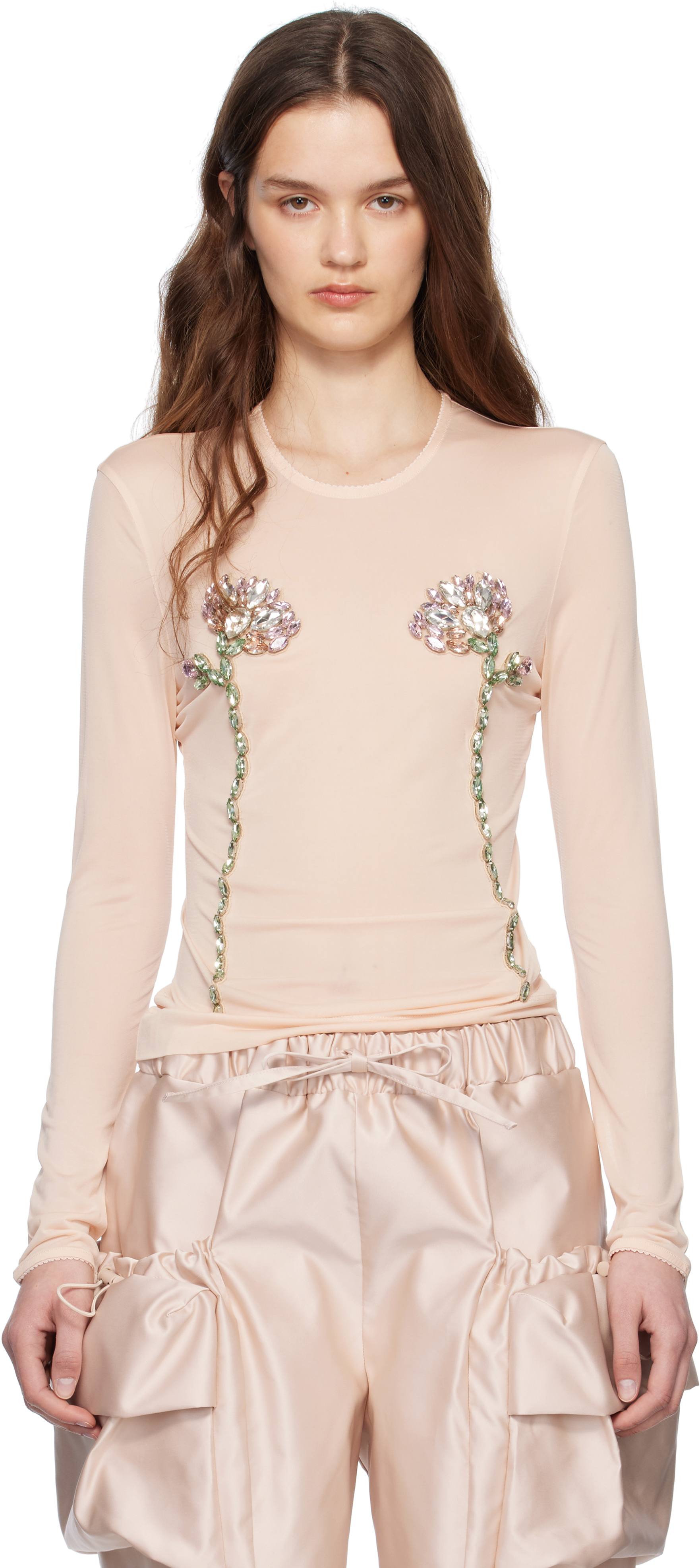 Simone Rocha: Beige Embellished Double Carnation Mesh Top Simone Rocha: Beige Embellished Double Carnation Mesh Top