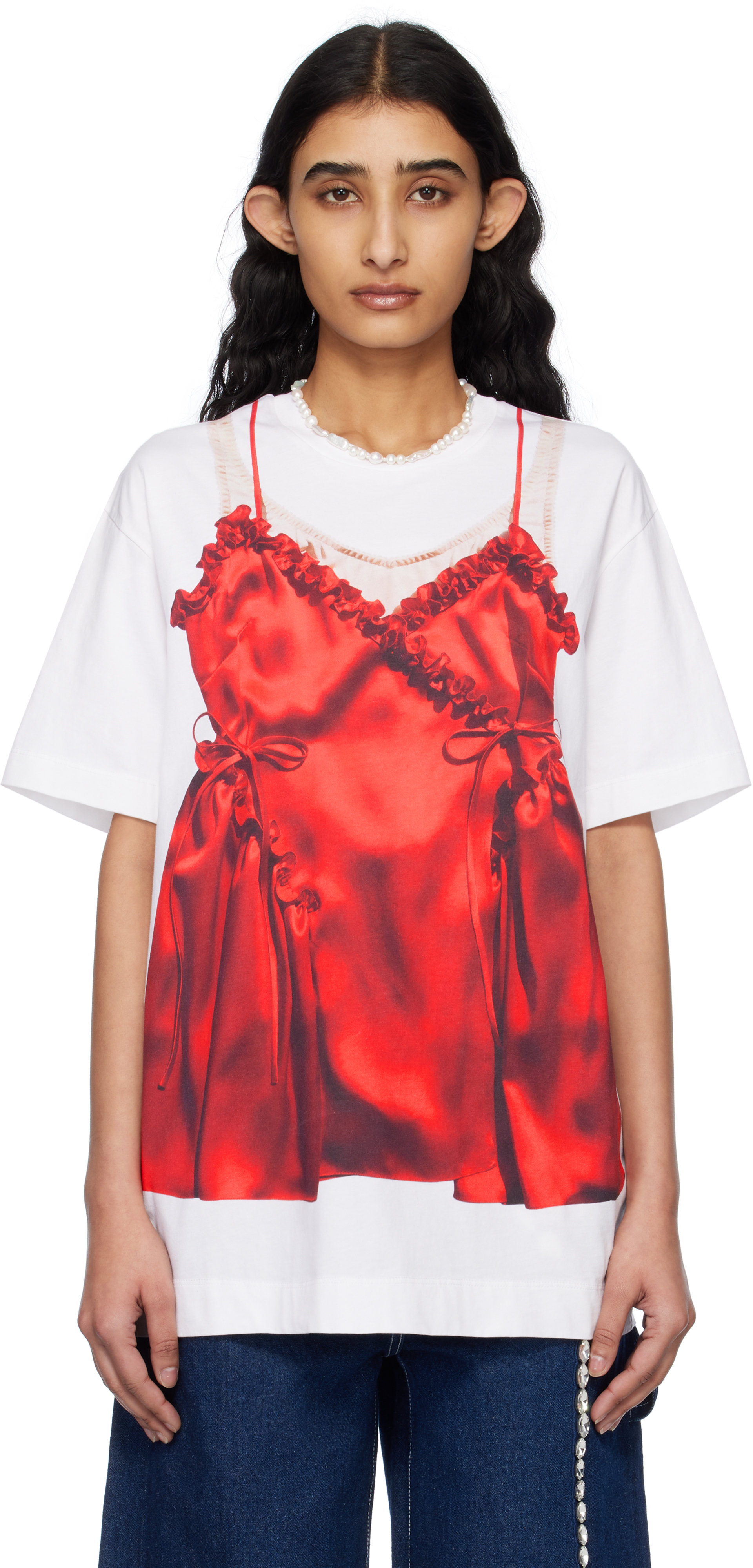 White 
Red Negligee Tromp L
oeil T-shirt