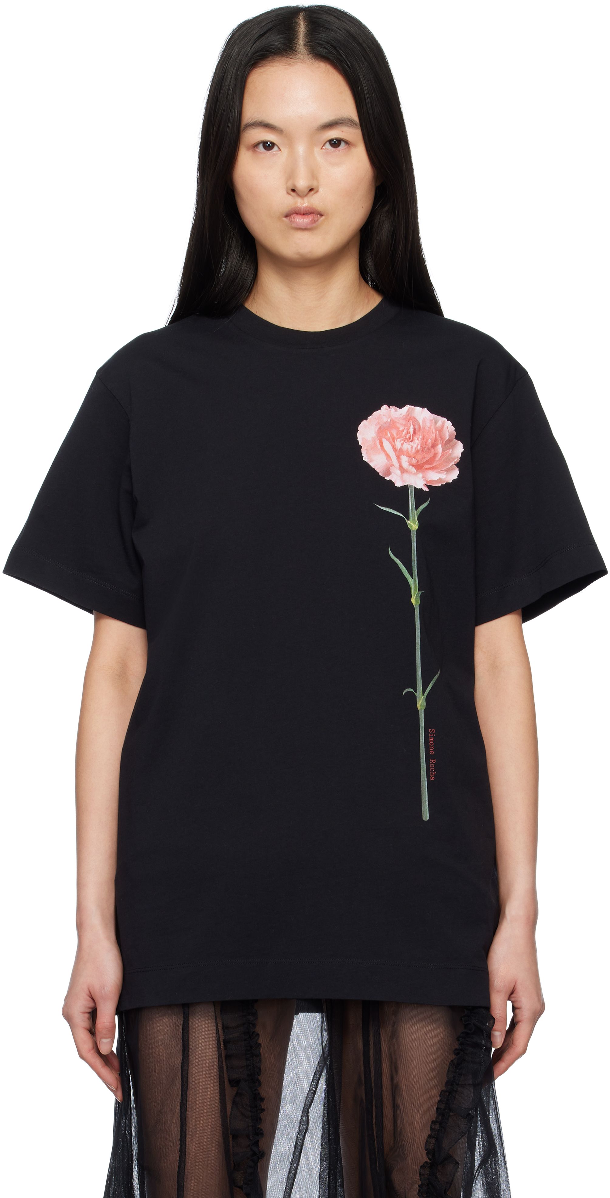 Black Carnation Print Short Sleeve T-shirt