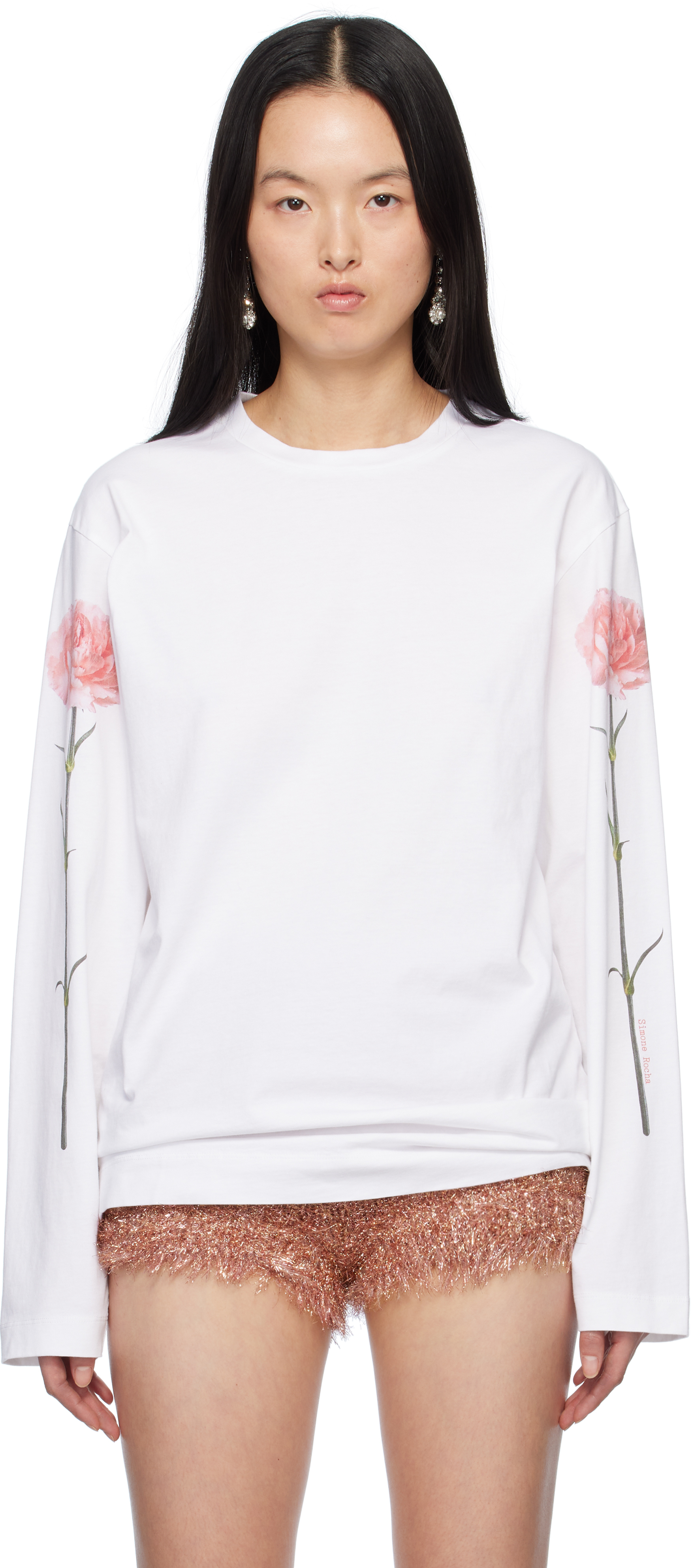 White Carnation Print Long Sleeve T-shirt