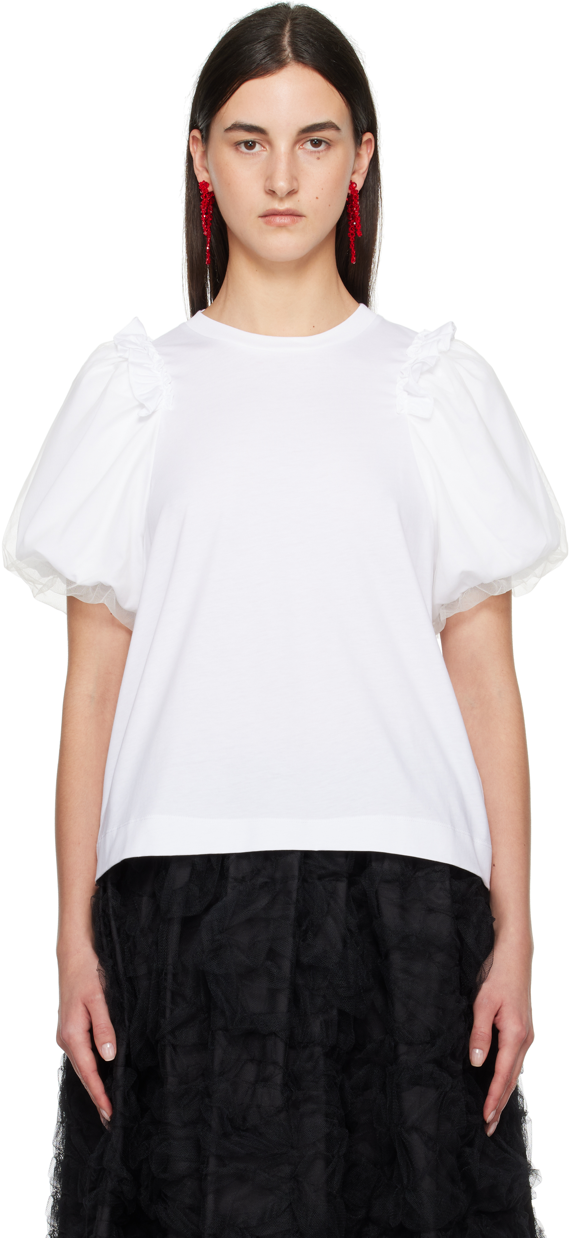 Red Tulle Overlay Puff Sleeve Frill T-shirt