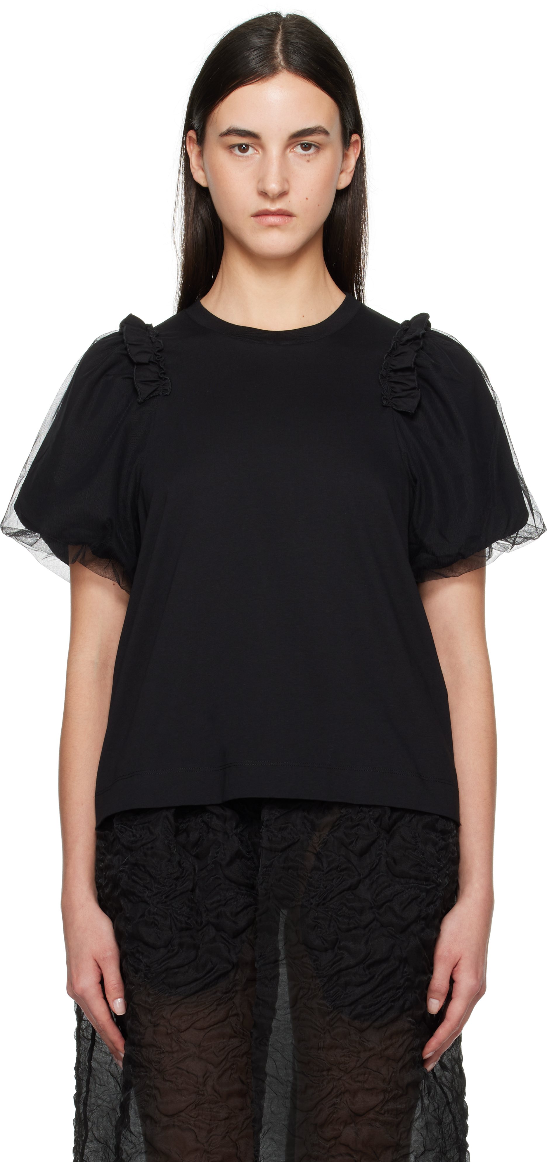 Red Tulle Overlay Puff Sleeve Frill T-shirt