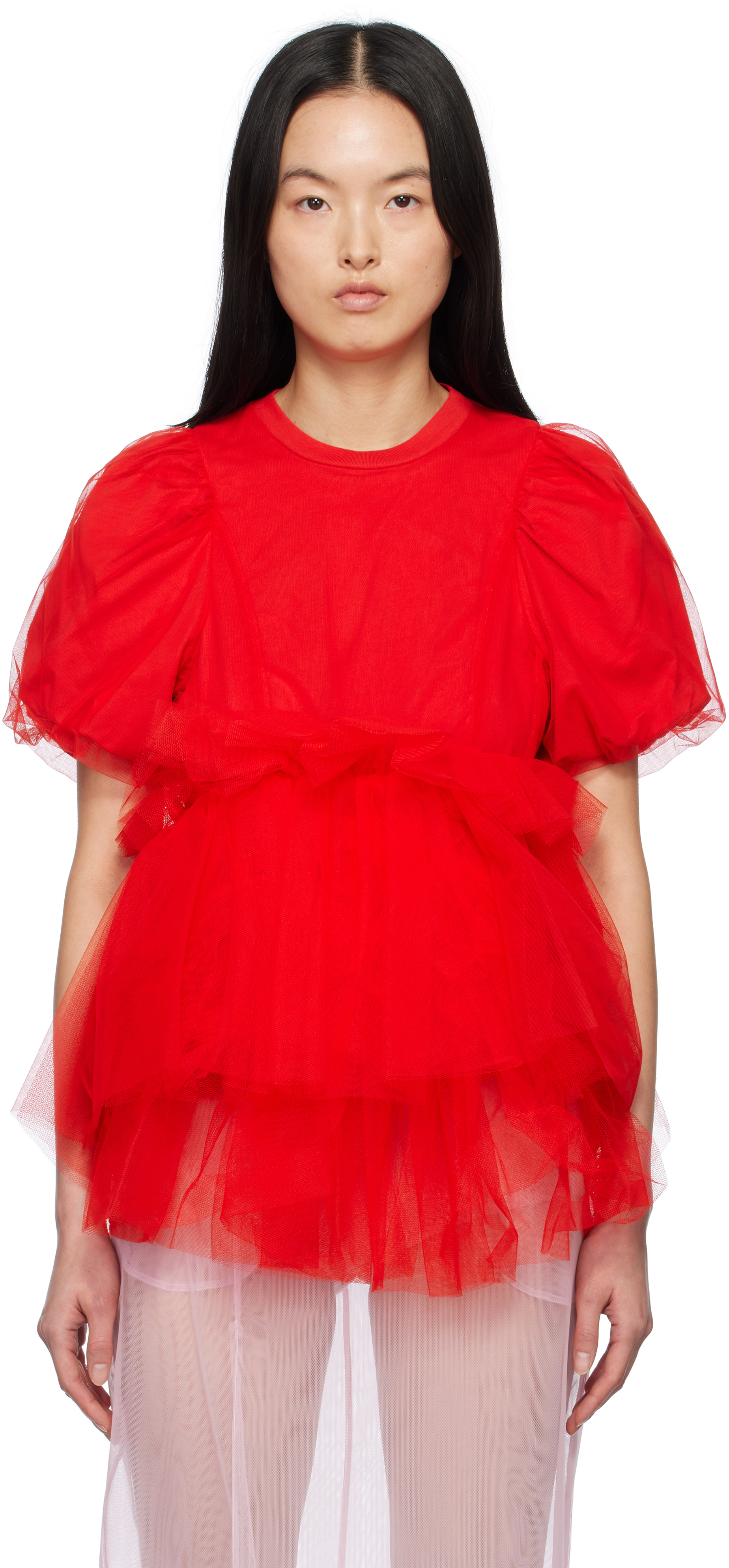 White Tulle Overlay Puff Sleeve Tutu Hem T-shirt