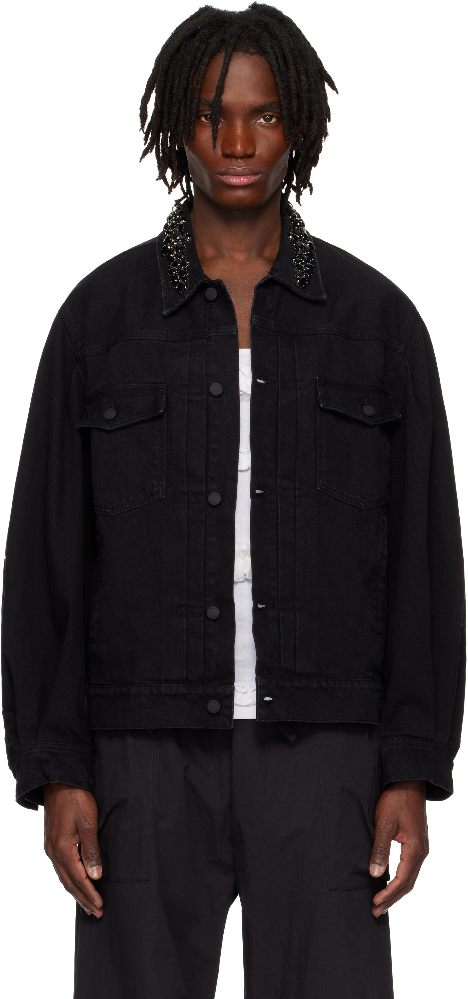 Simone Rocha: Black Embellished Denim Jacket | SSENSE Simone Rocha: Black Embellished Denim Jacket | SSENSE