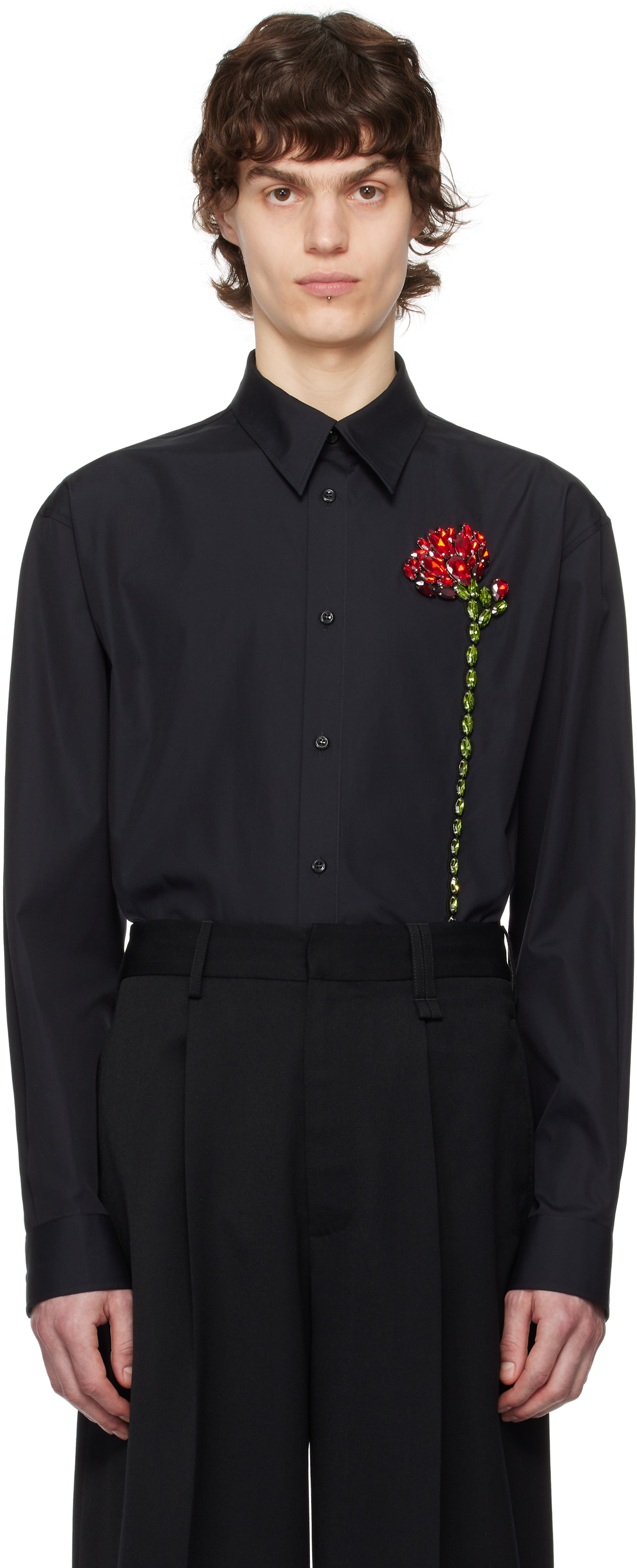 Simone Rocha Black Floral Appliqué Shirt In Black/black/red Mult