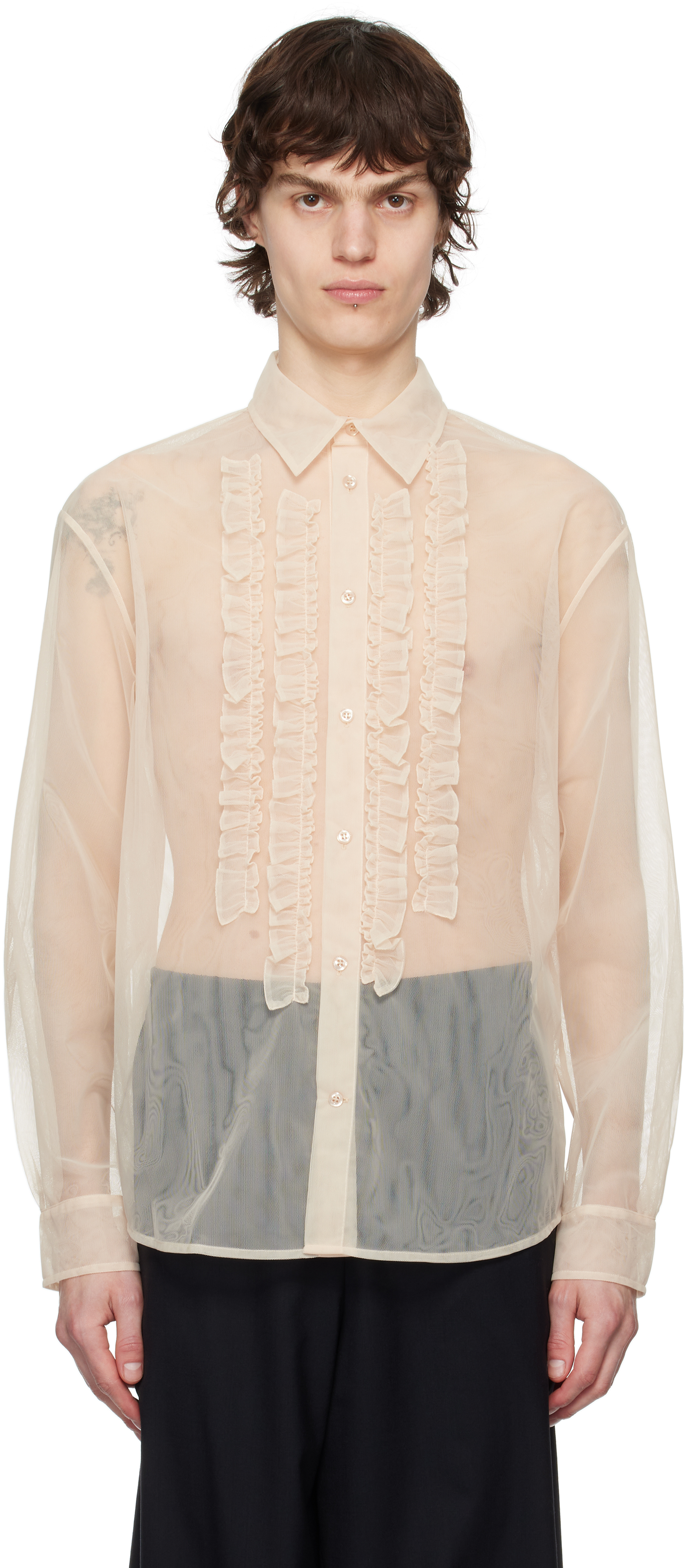 Simone Rocha Pink Sheer Ruffle Bib Prom Shirt In Nude