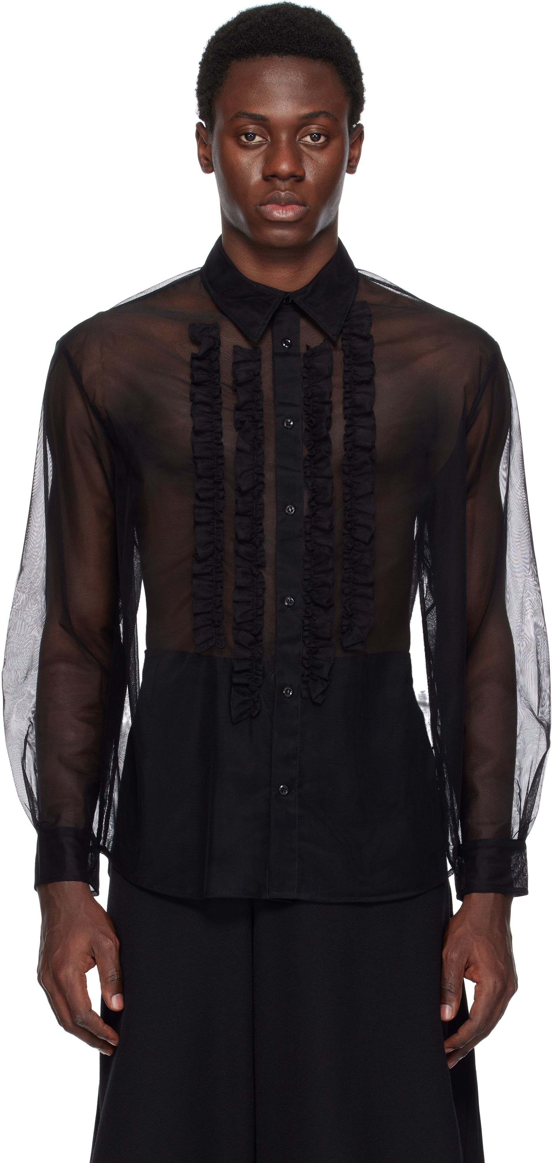 Simone Rocha Black Sheer Ruffle Bib Prom Shirt