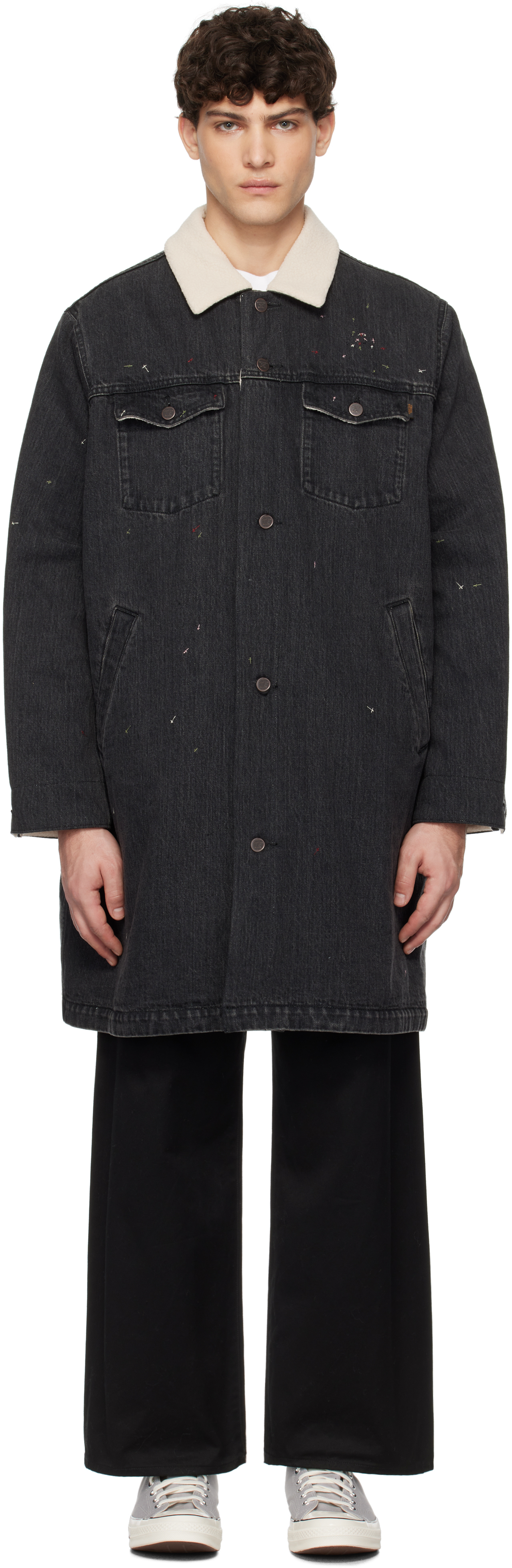 Black Sherpa Fleece-Lined Denim Coat