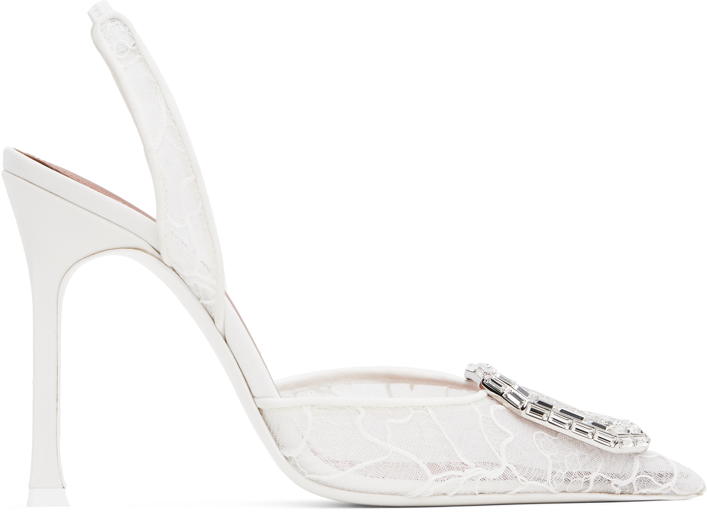 White Camelia Lace Sling 105 Heels by Amina Muaddi on Sale
