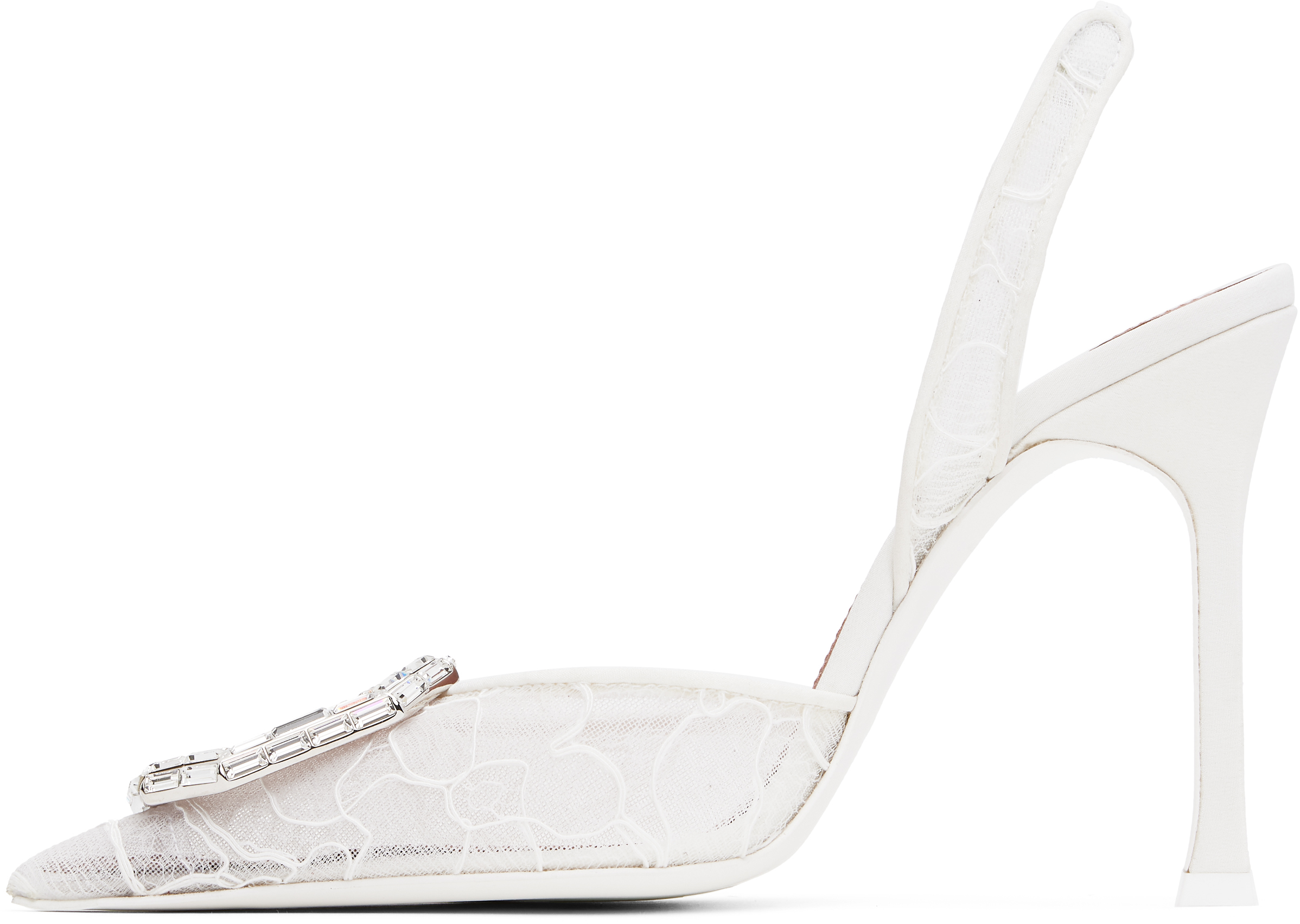 Amina Muaddi White Camelia Lace Sling 105 Heels In Lace Ivory + Crystal