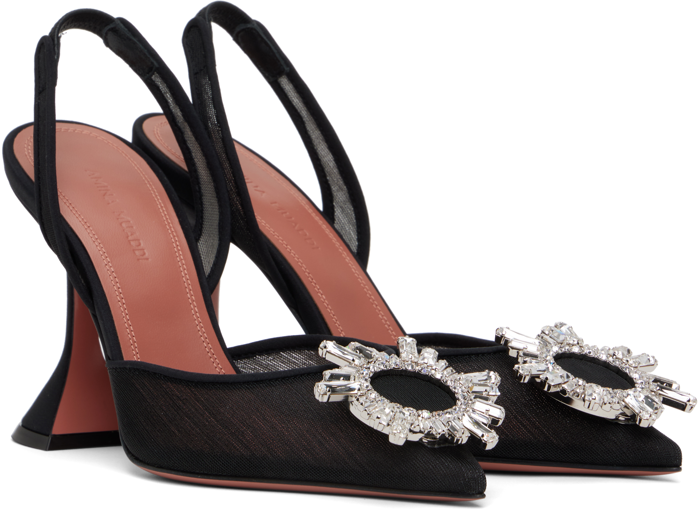 Amina Muaddi Womens Black Rosie Crystal-embellished Leather Sling-back Courts In Mesh Black + White C
