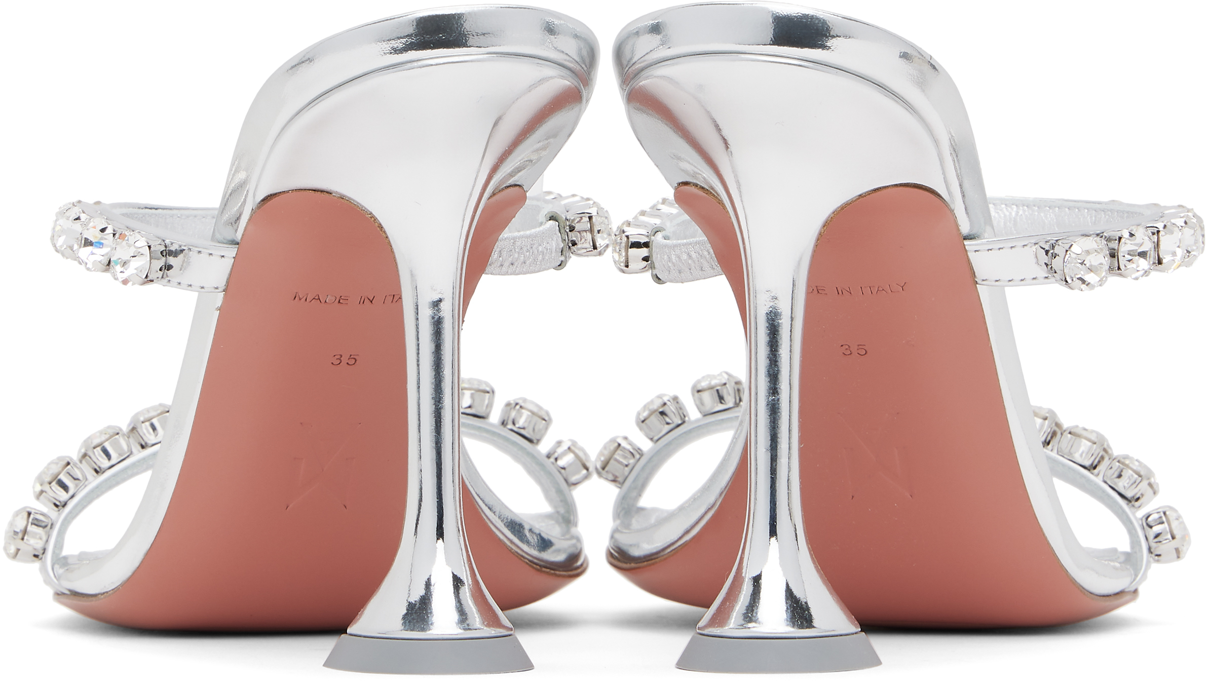 Amina Muaddi Metallic Leather Slippers With Crystal Embellishments In Mirror Silver + Whit